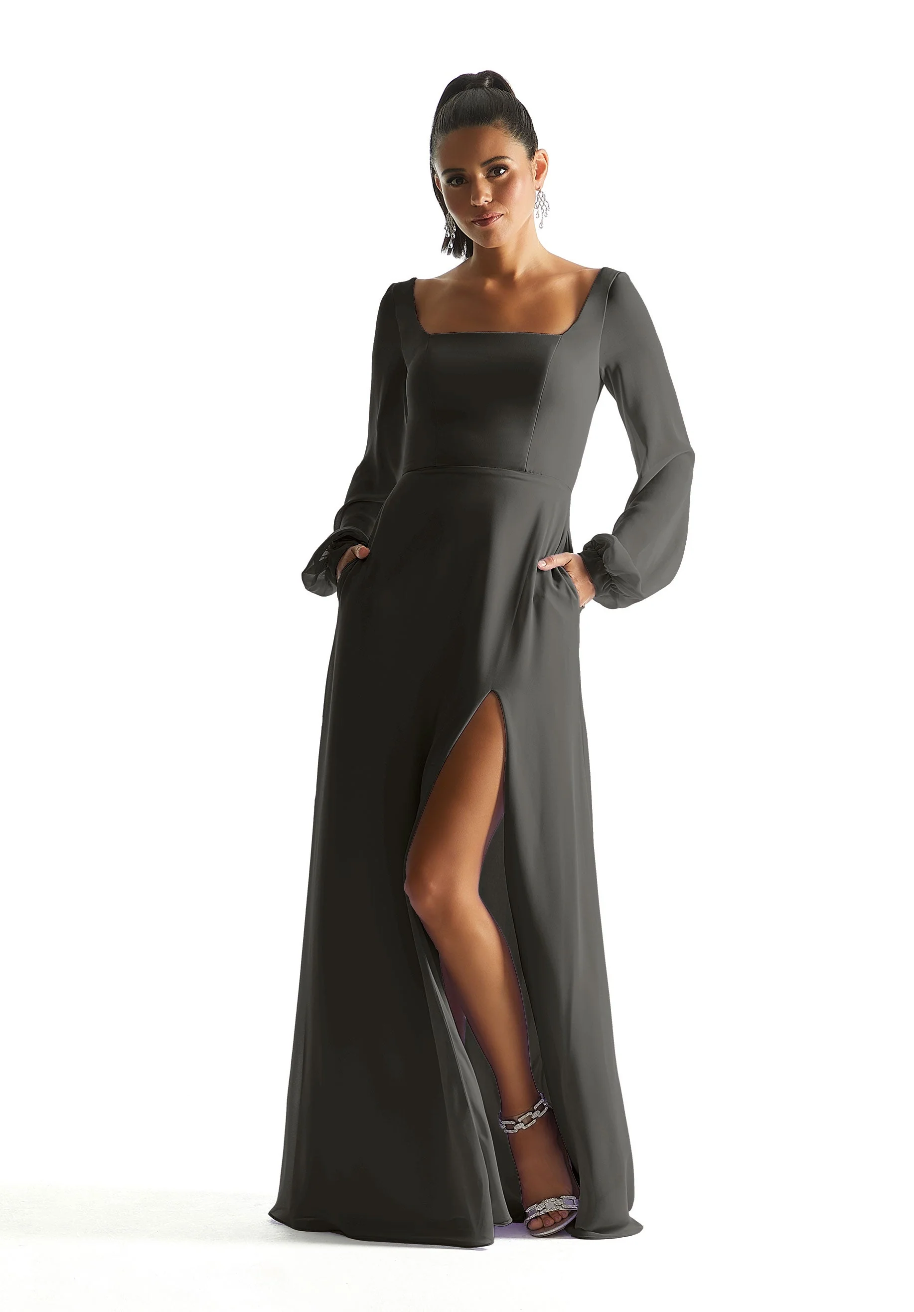 Square Neck Chiffon Bridesmaid Dress with Bow - Image 24