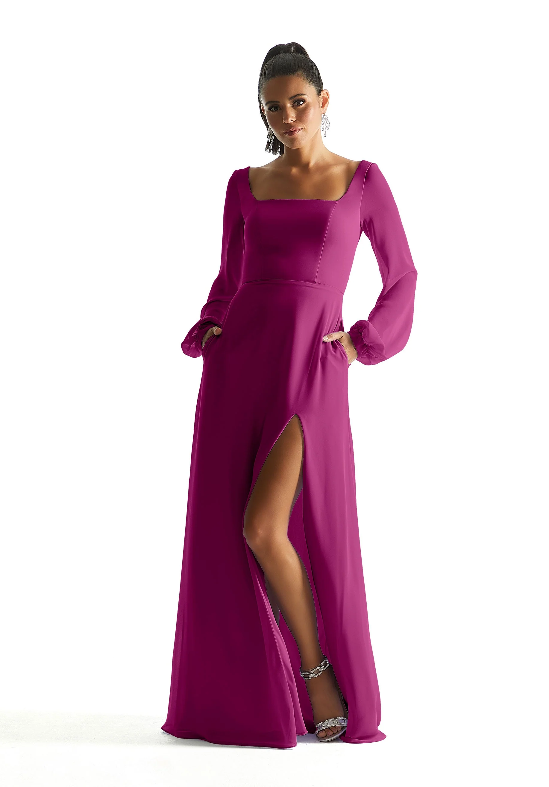 Square Neck Chiffon Bridesmaid Dress with Bow - Image 41