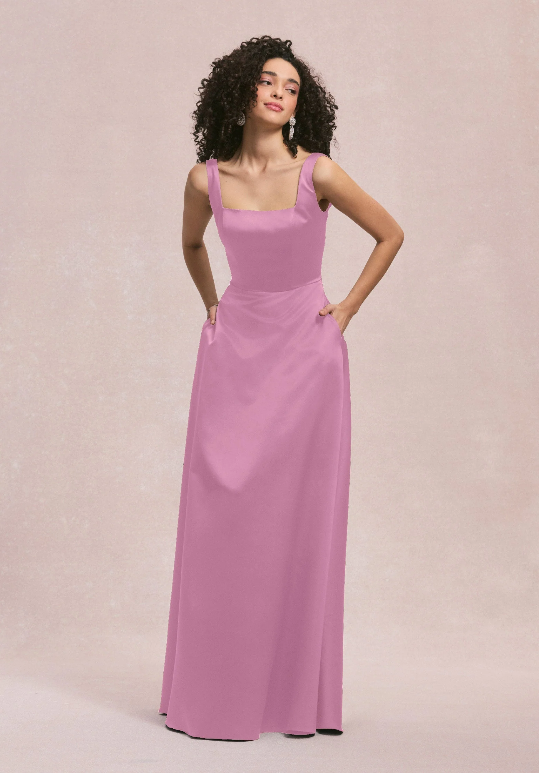 Square Neck Satin Bridesmaid Dress with Detachable Bow - Image 10