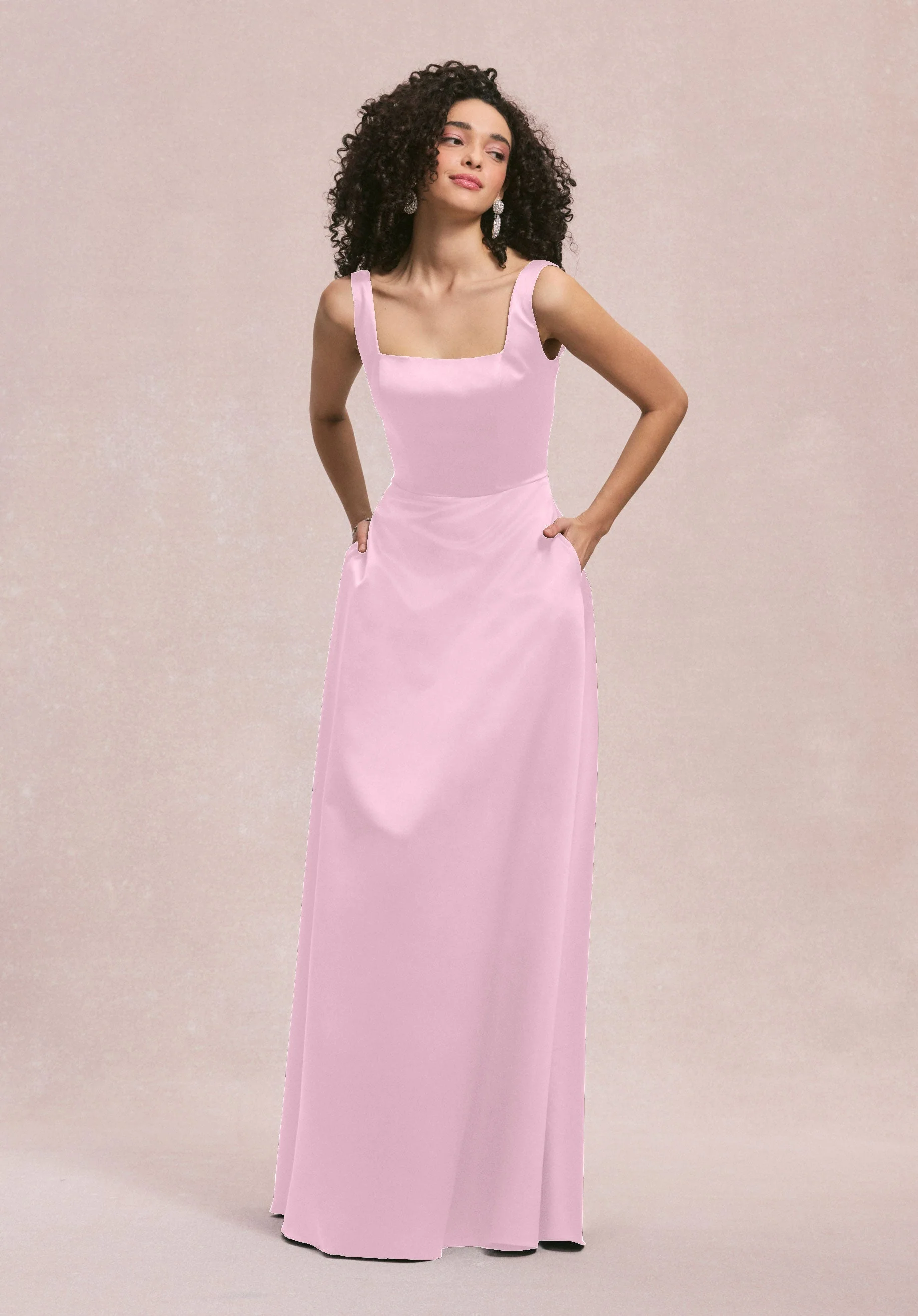Square Neck Satin Bridesmaid Dress with Detachable Bow - Image 11