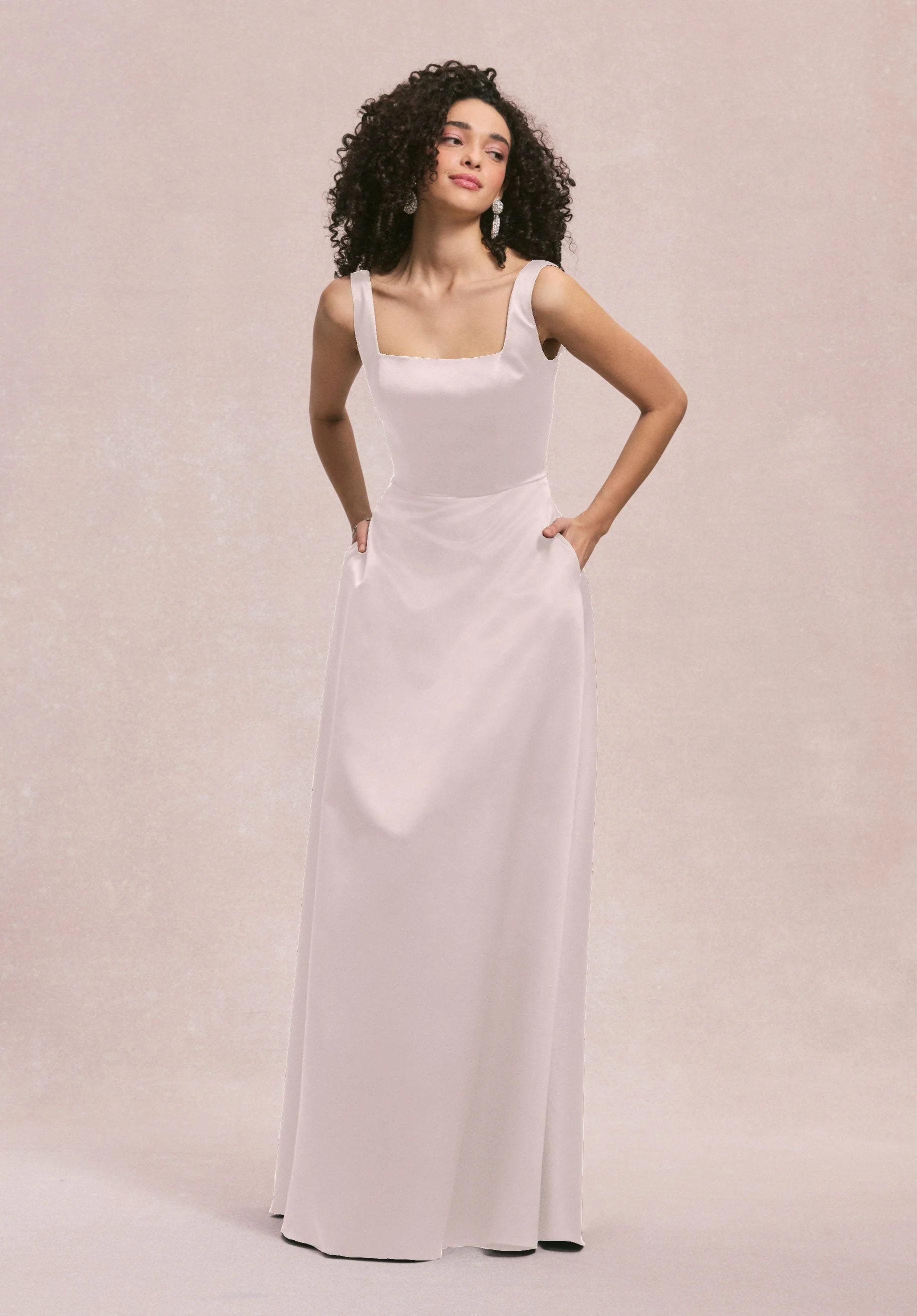 Square Neck Satin Bridesmaid Dress with Detachable Bow - Image 24