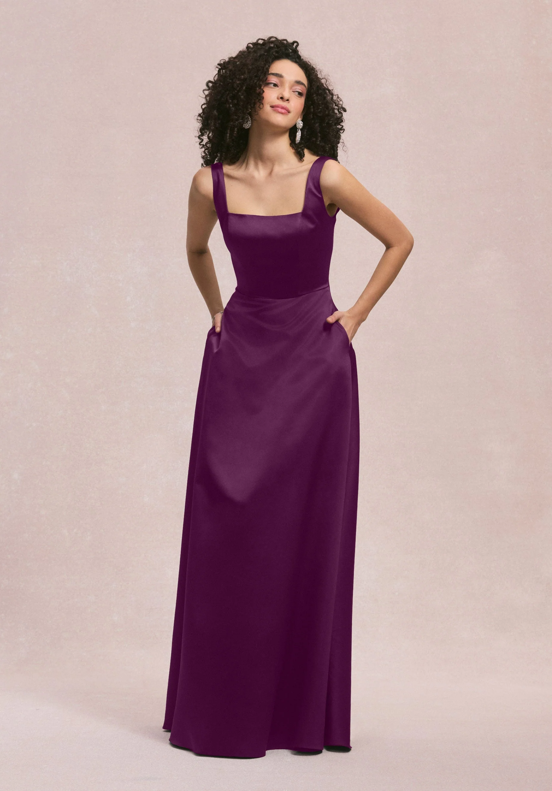Square Neck Satin Bridesmaid Dress with Detachable Bow - Image 27