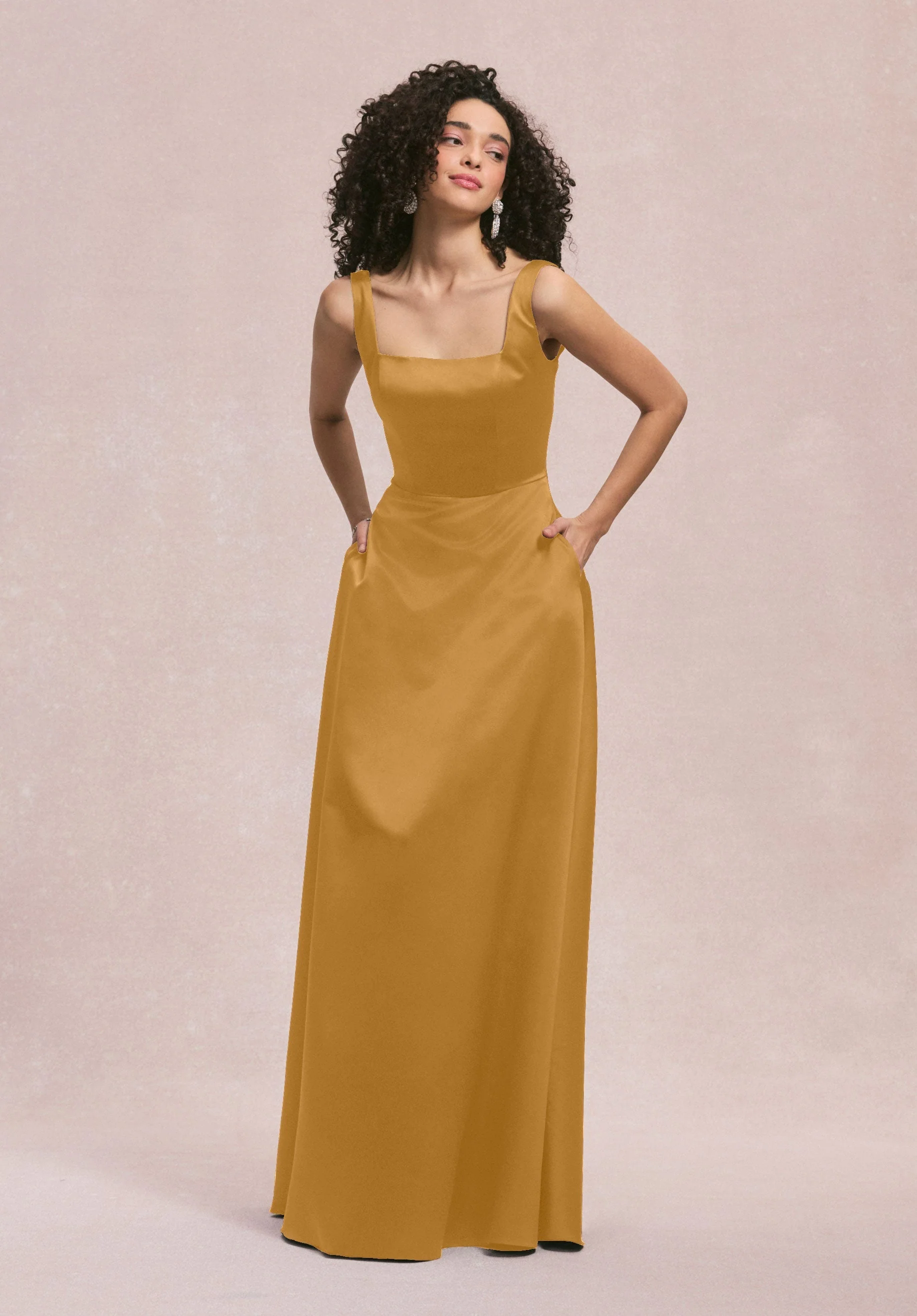 Square Neck Satin Bridesmaid Dress with Detachable Bow - Image 43