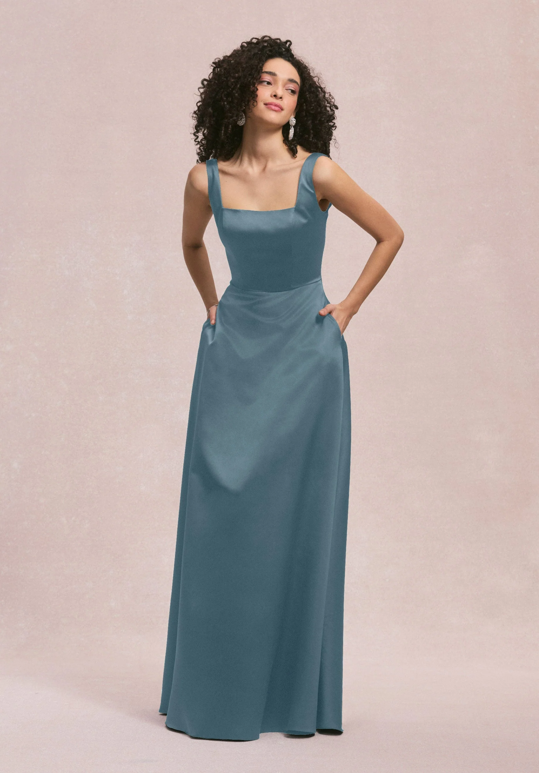 Square Neck Satin Bridesmaid Dress with Detachable Bow - Image 49