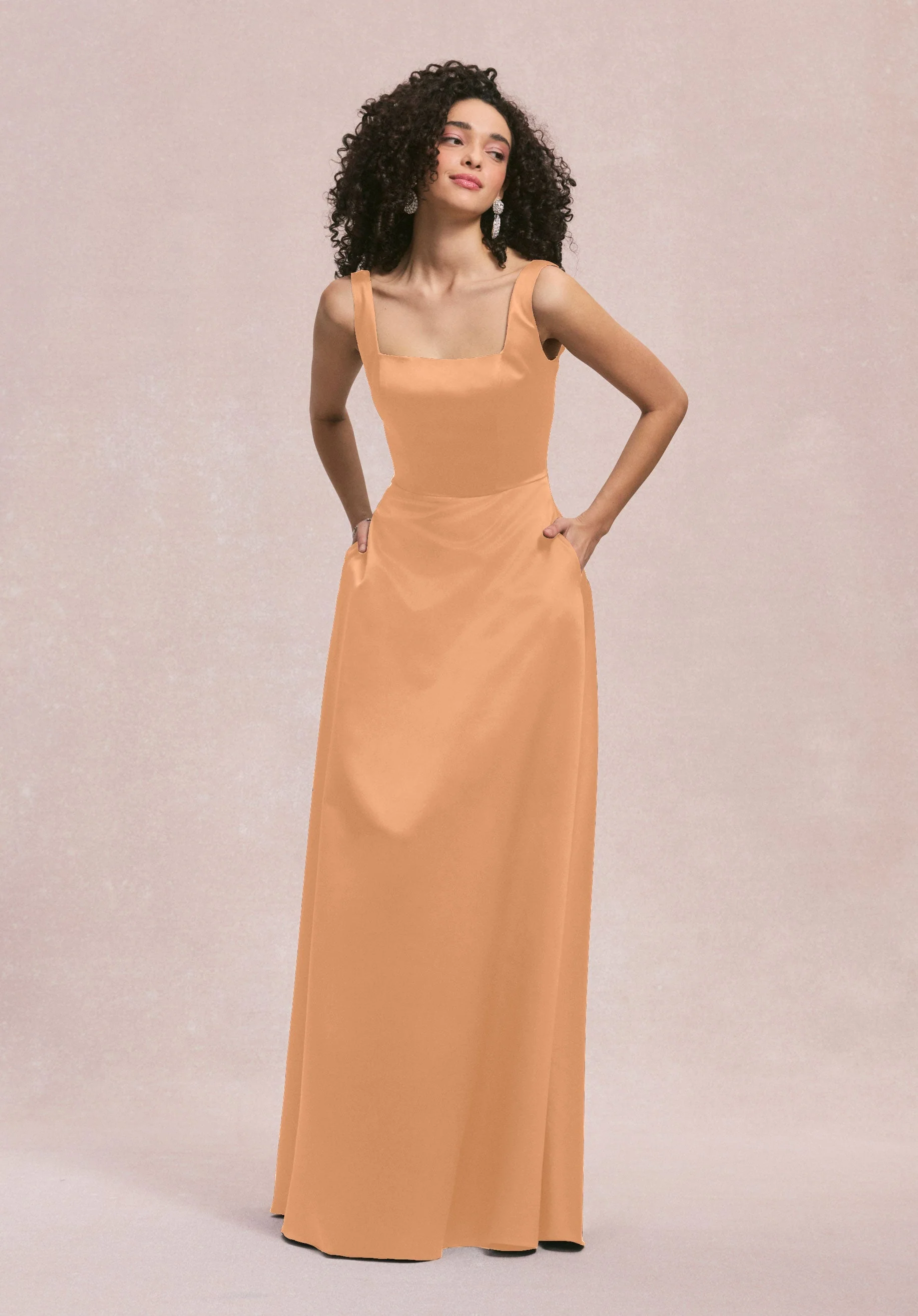 Square Neck Satin Bridesmaid Dress with Detachable Bow - Image 50