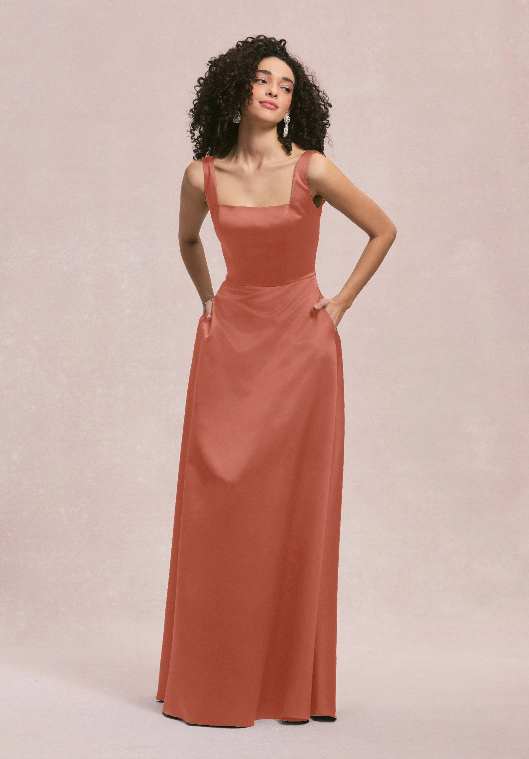 Square Neck Satin Bridesmaid Dress with Detachable Bow - Image 51