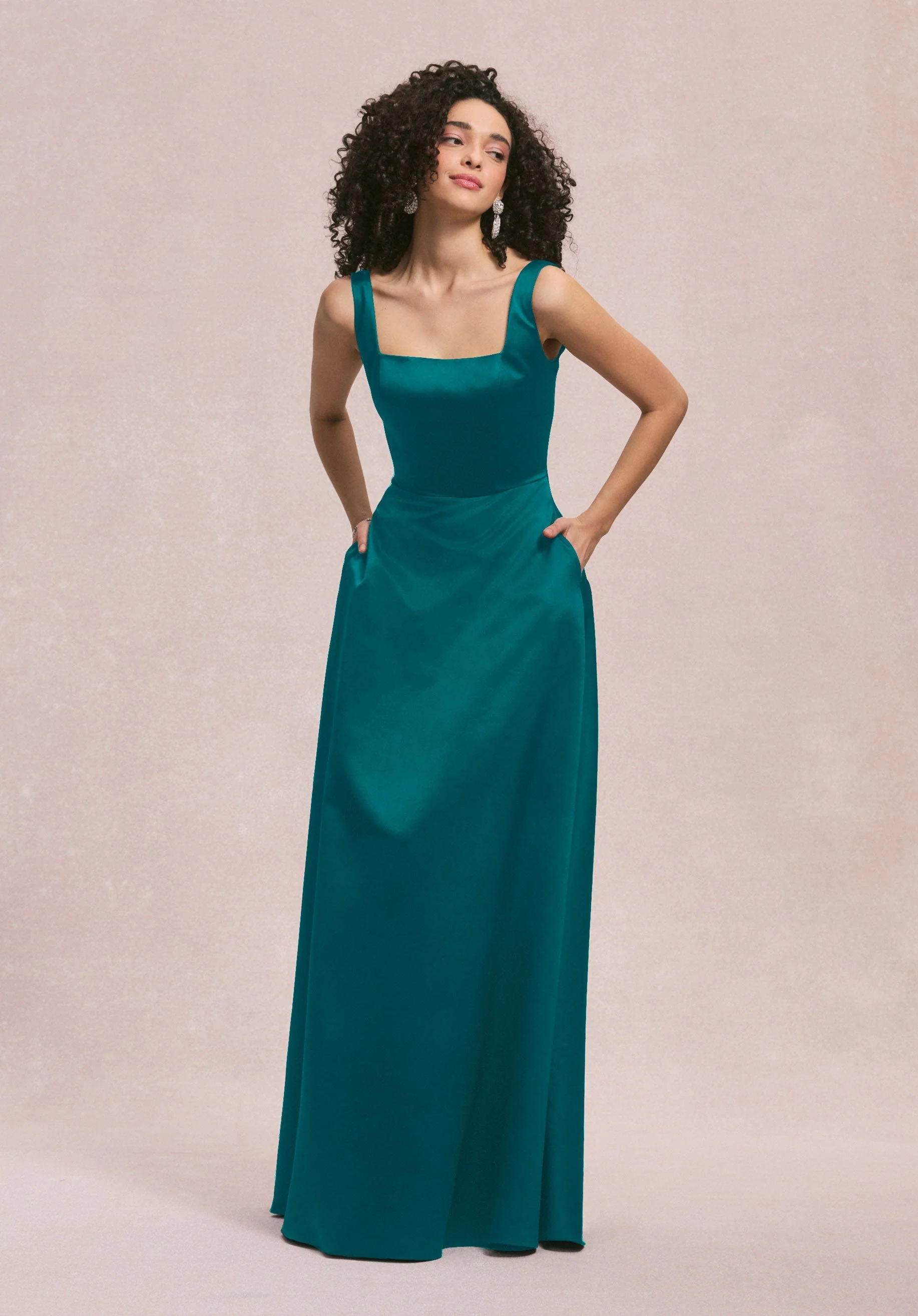 Square Neck Satin Bridesmaid Dress with Detachable Bow - Image 53