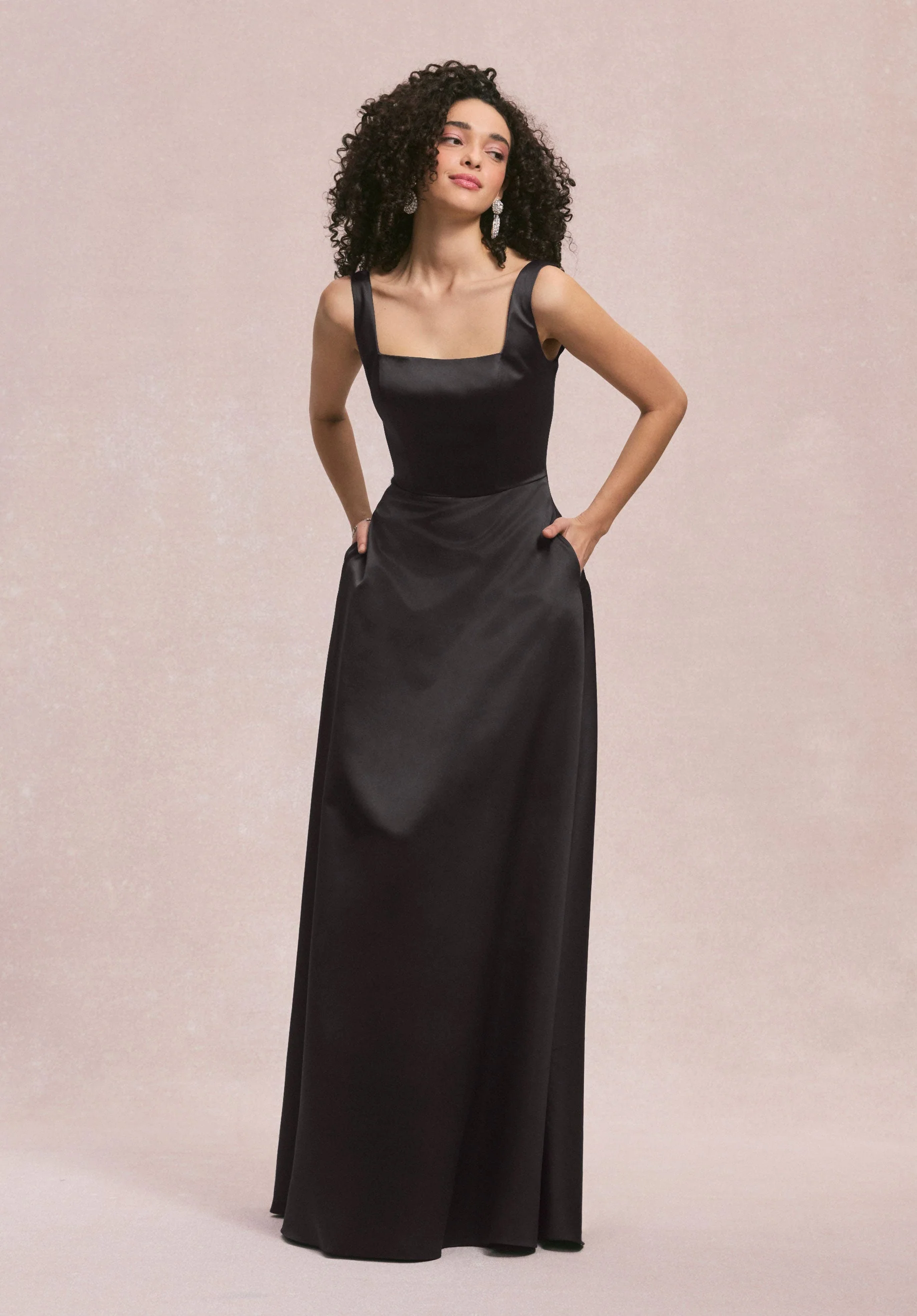Square Neck Satin Bridesmaid Dress with Detachable Bow - Image 9