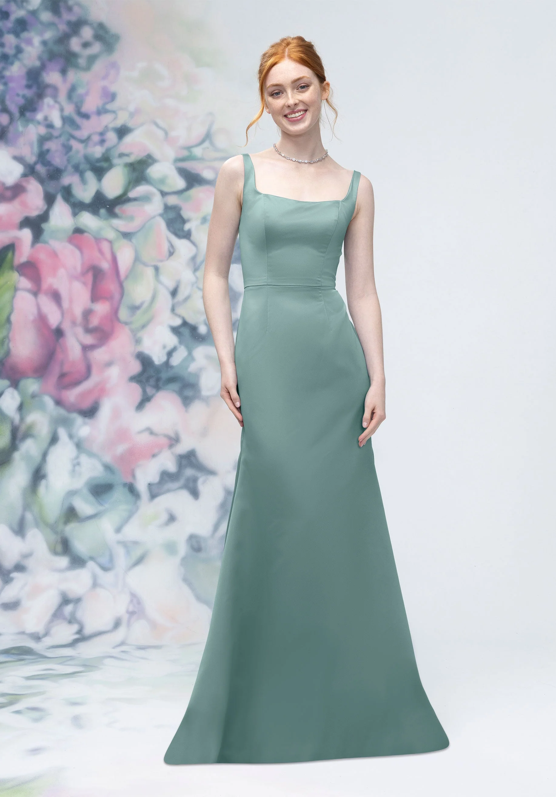 Square Neck Strap Back Satin Bridesmaid Dress - Image 19
