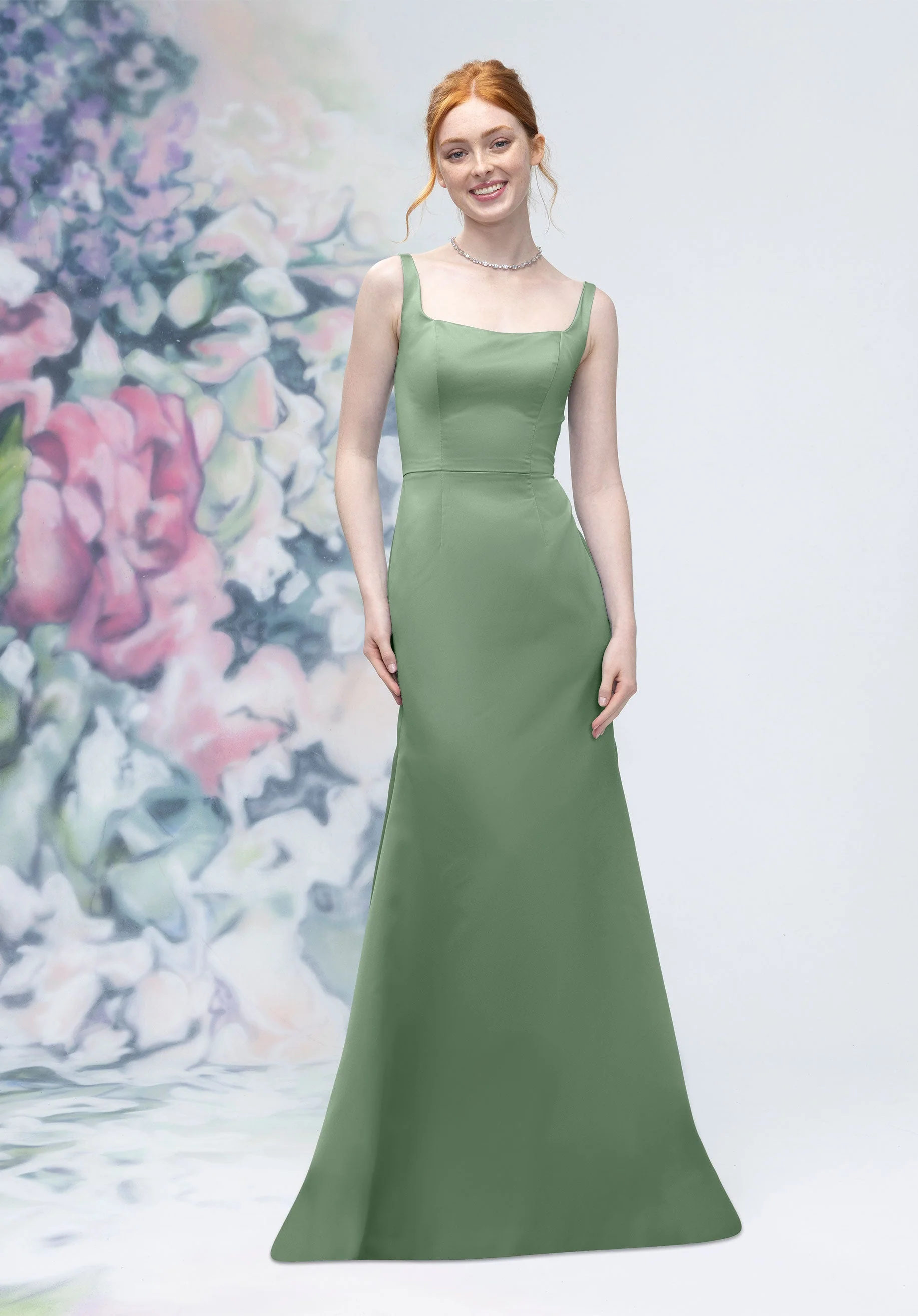 Square Neck Strap Back Satin Bridesmaid Dress - Image 32