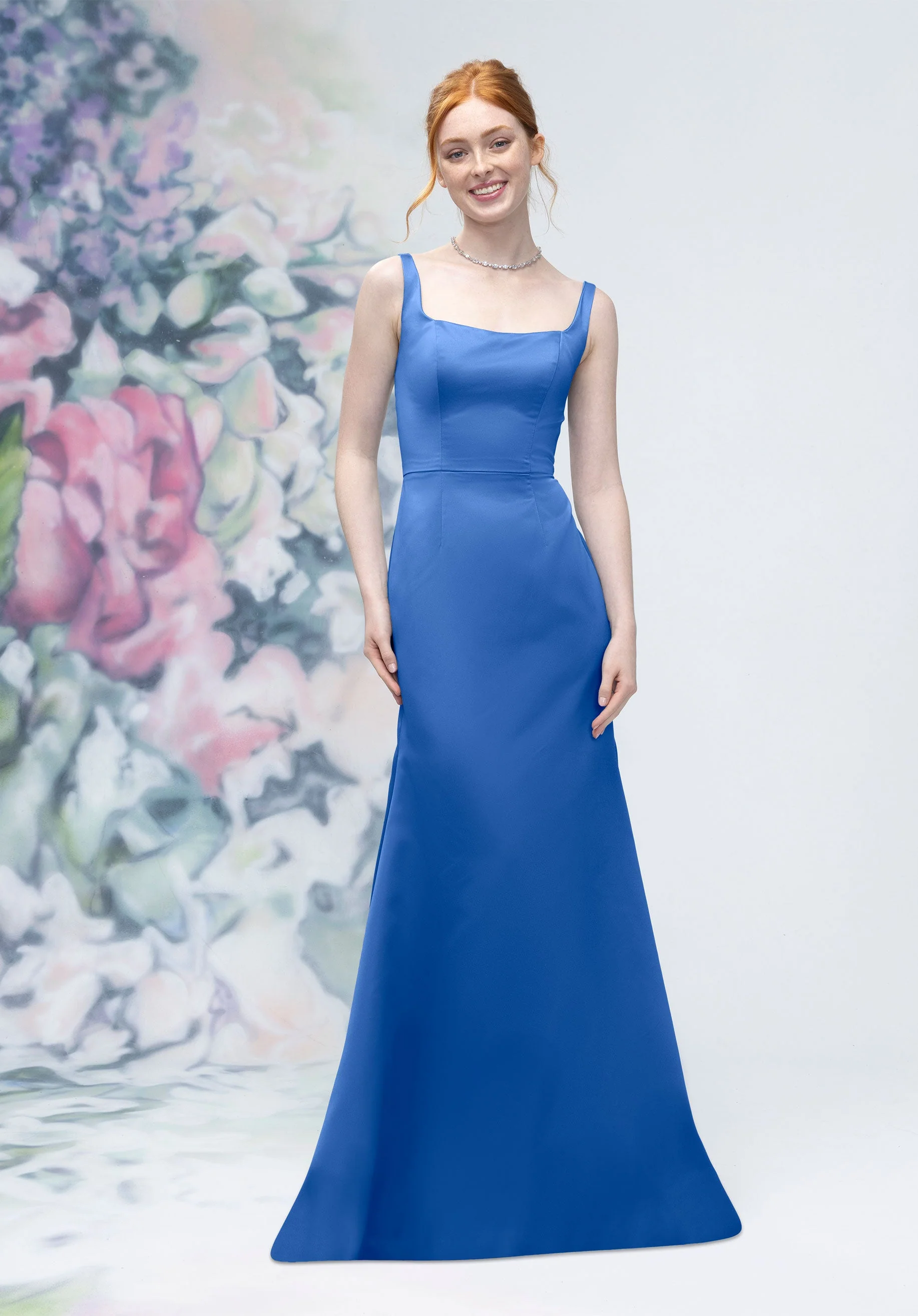 Square Neck Strap Back Satin Bridesmaid Dress - Image 5