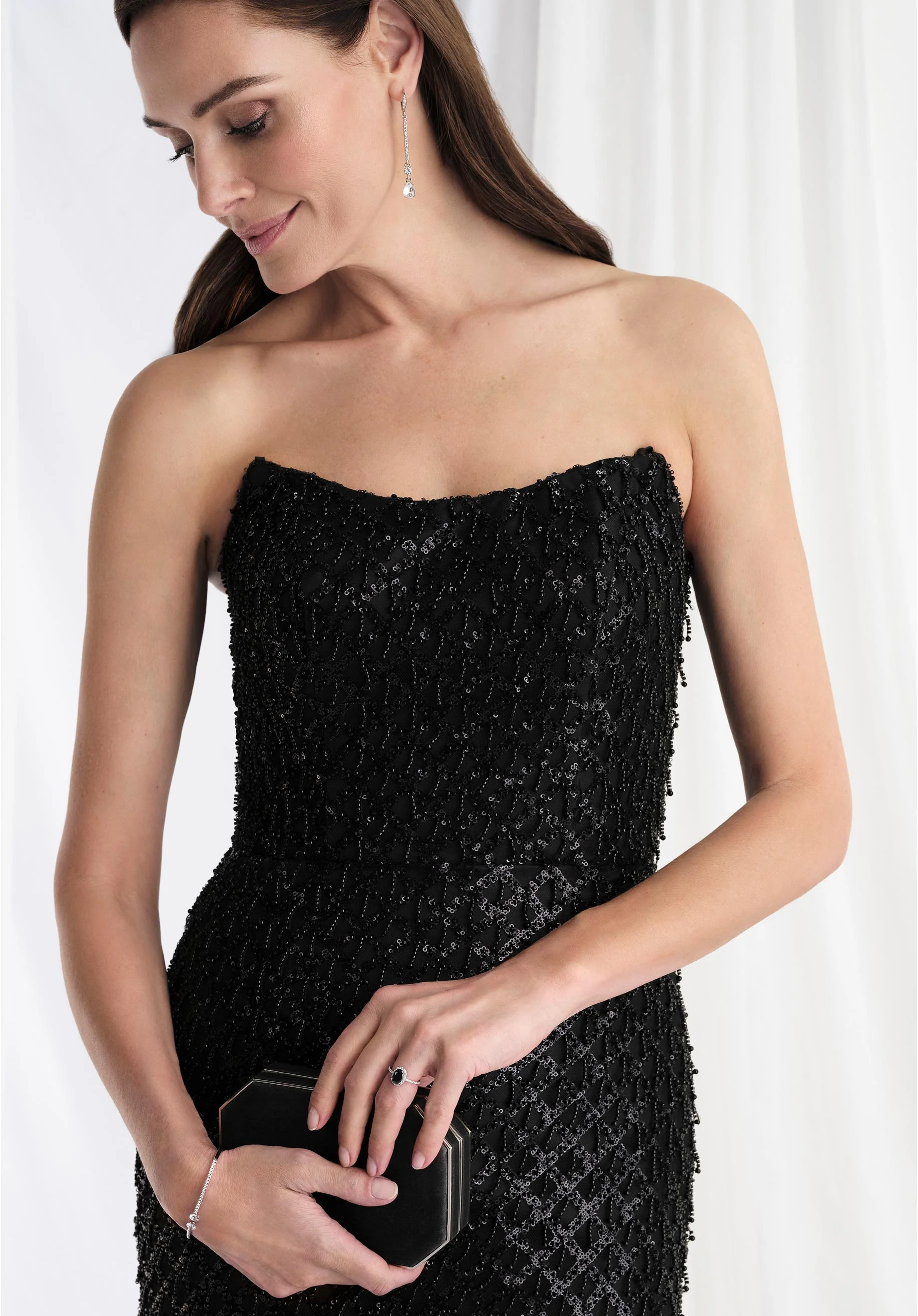 Strapless Beaded Fringe Fit and Flare Evening Gown - Image 5