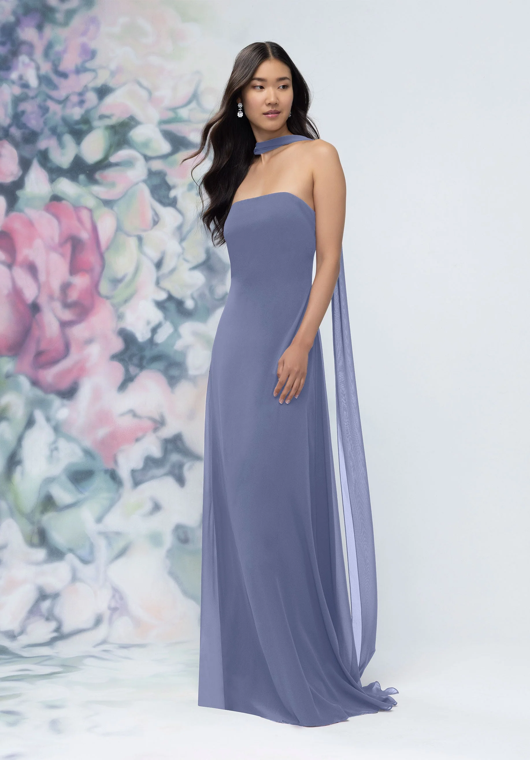 Strapless Column Chiffon Bridesmaid Dress with Neck Scarf - Image 24