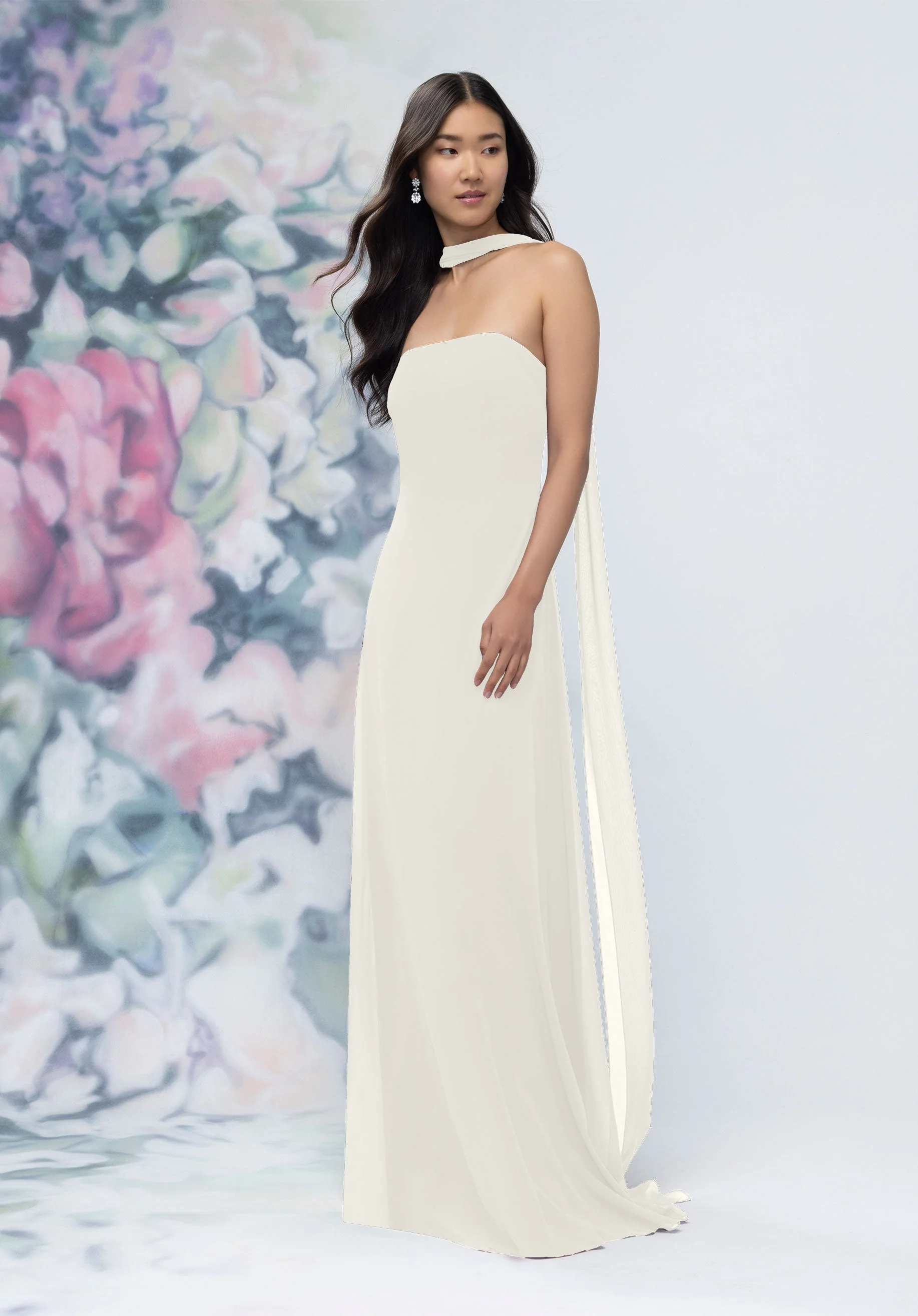 Strapless Column Chiffon Bridesmaid Dress with Neck Scarf - Image 31