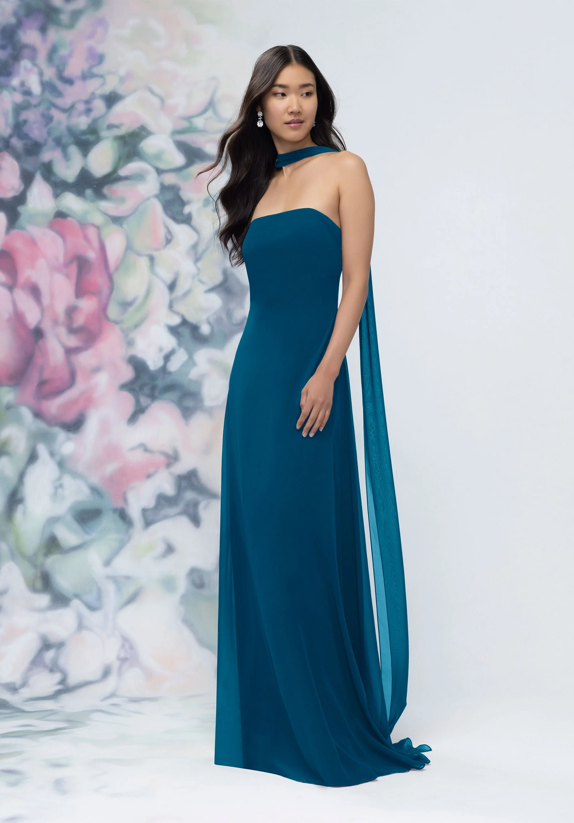 Strapless Column Chiffon Bridesmaid Dress with Neck Scarf - Image 33