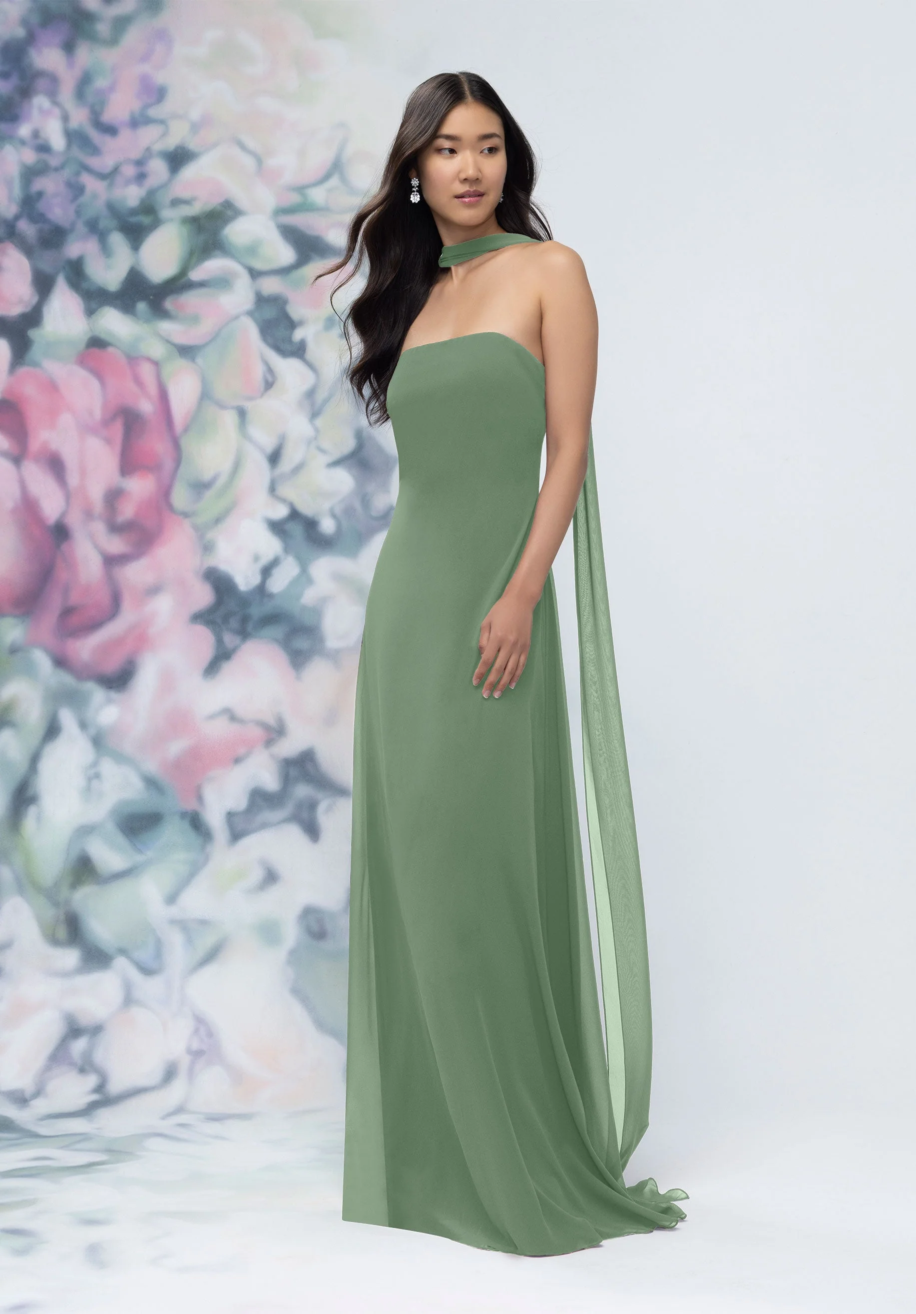 Strapless Column Chiffon Bridesmaid Dress with Neck Scarf - Image 35