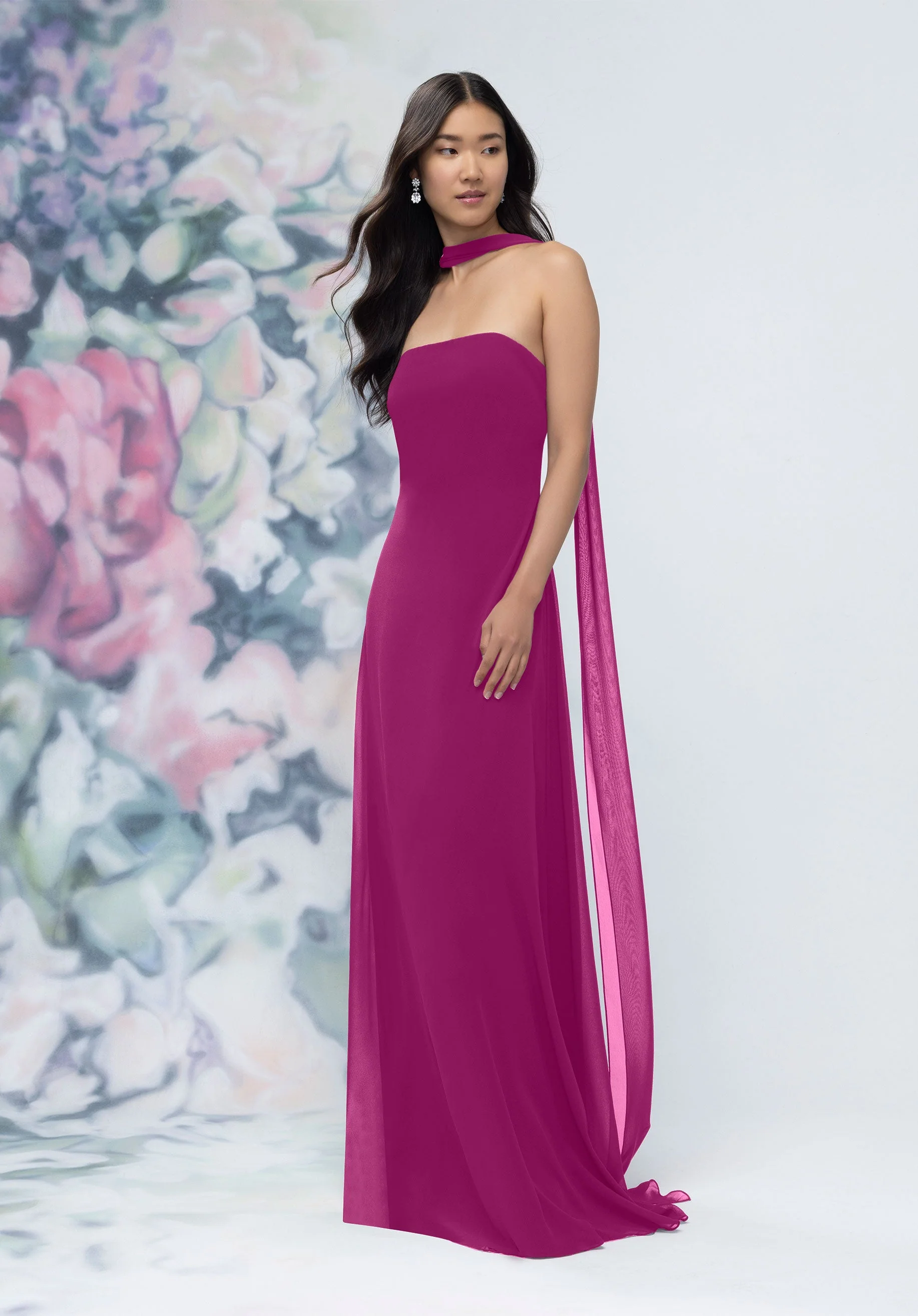 Strapless Column Chiffon Bridesmaid Dress with Neck Scarf - Image 36