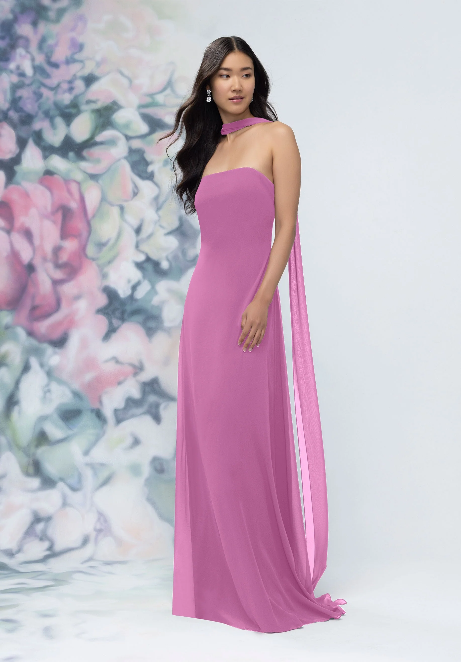 Strapless Column Chiffon Bridesmaid Dress with Neck Scarf - Image 40