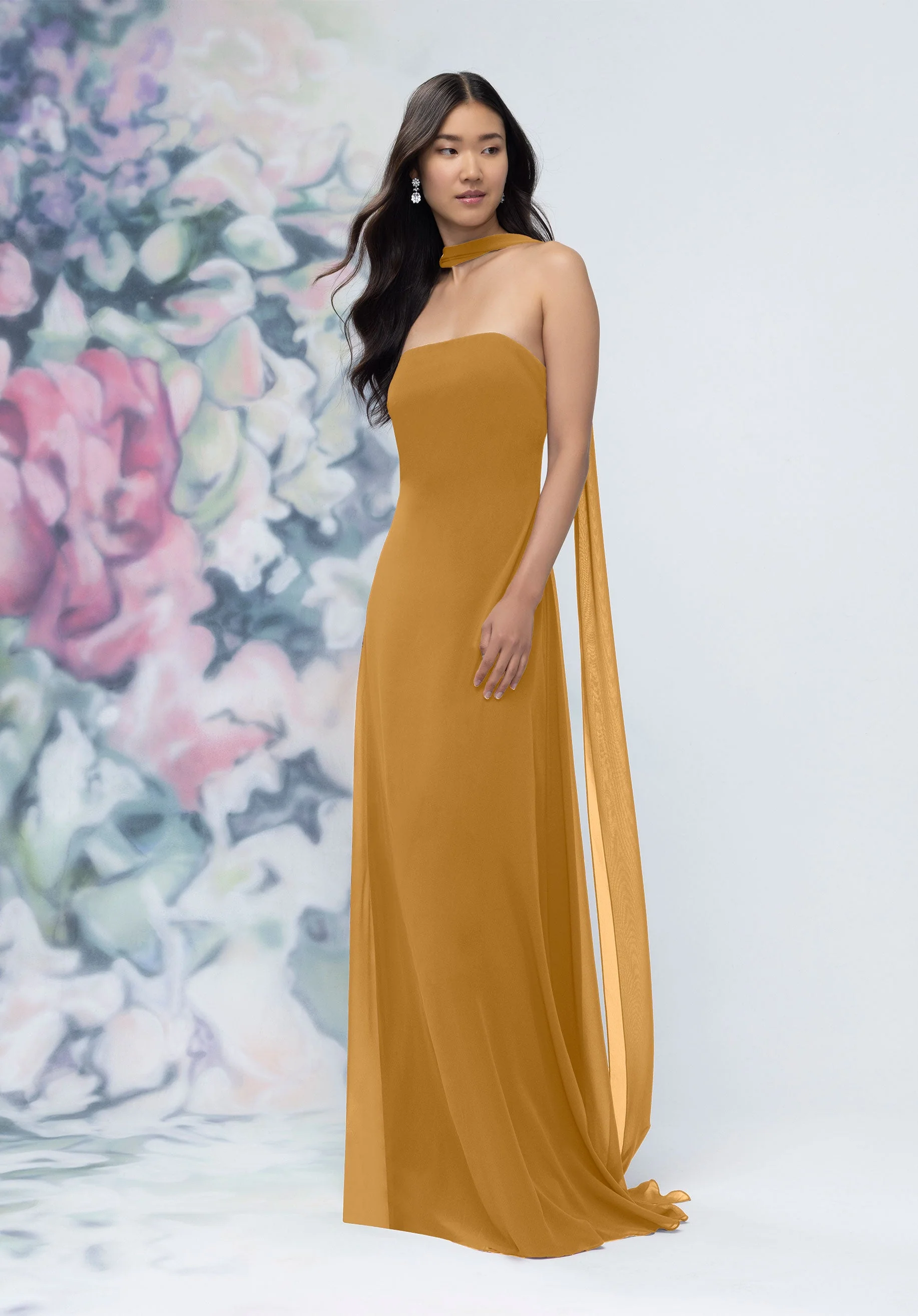 Strapless Column Chiffon Bridesmaid Dress with Neck Scarf - Image 43