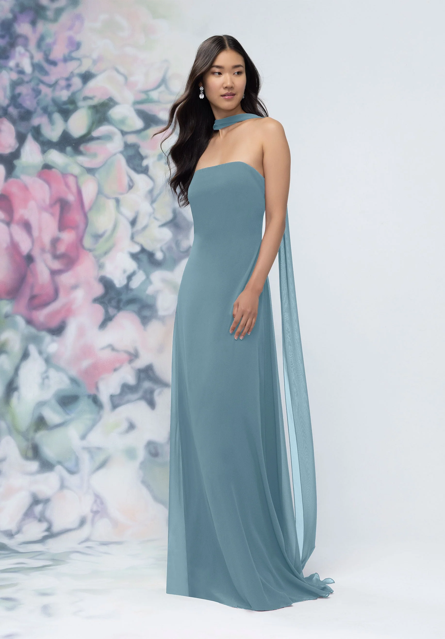 Strapless Column Chiffon Bridesmaid Dress with Neck Scarf - Image 48