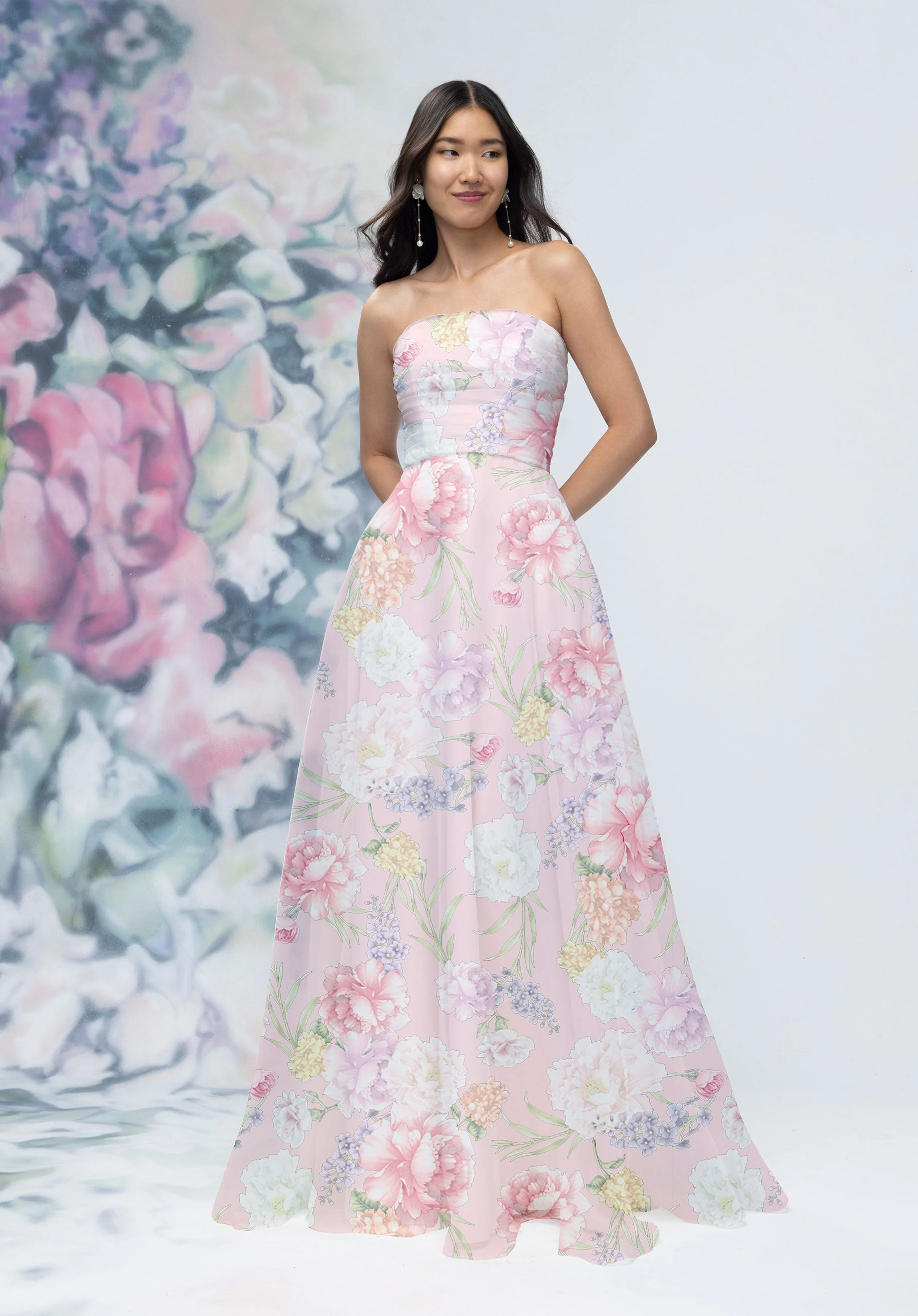 Strapless Draped Floral Printed Chiffon Bridesmaid Dress