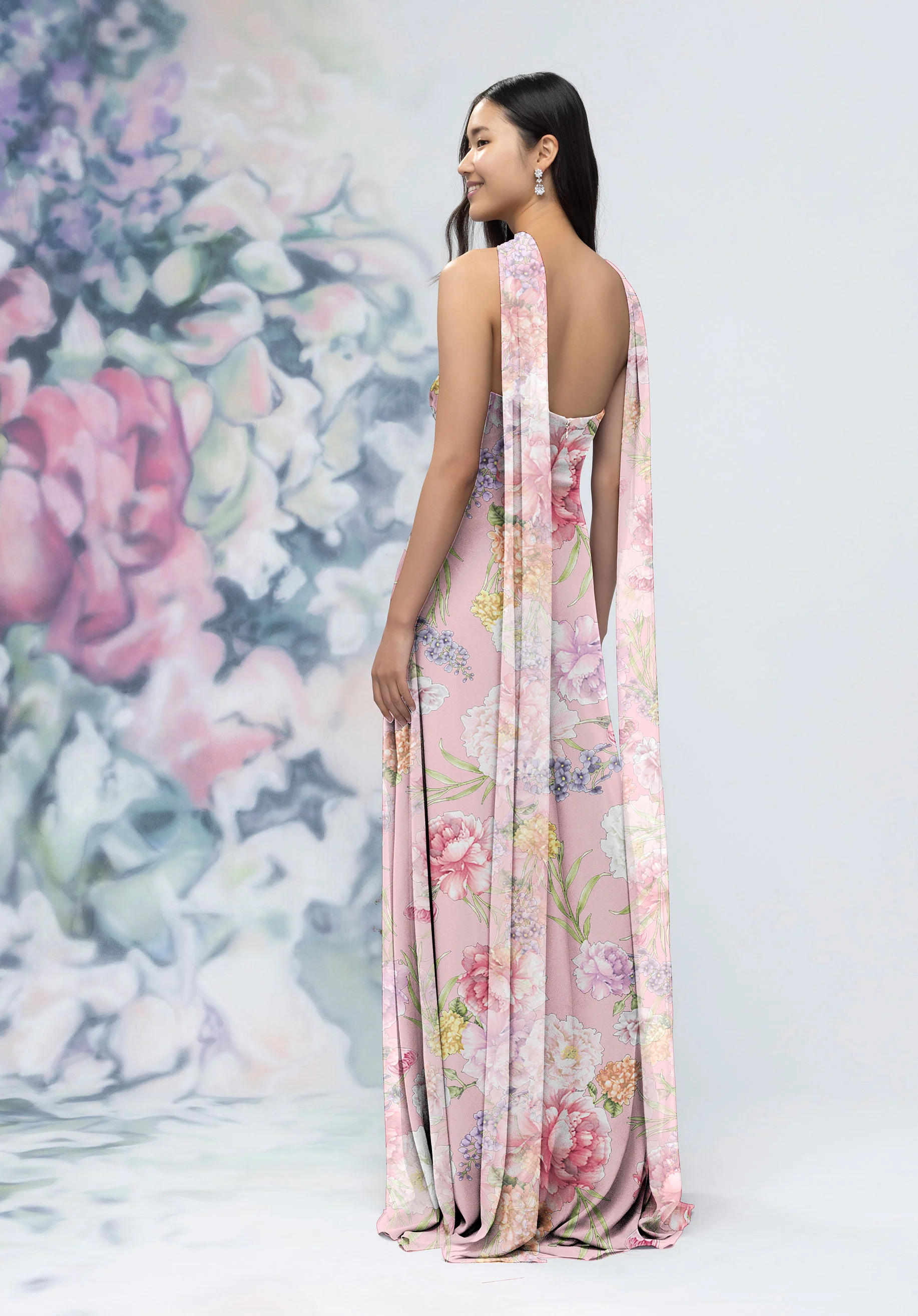 Strapless Floral Printed Chiffon Column Bridesmaid Dress with Scarf - Image 2