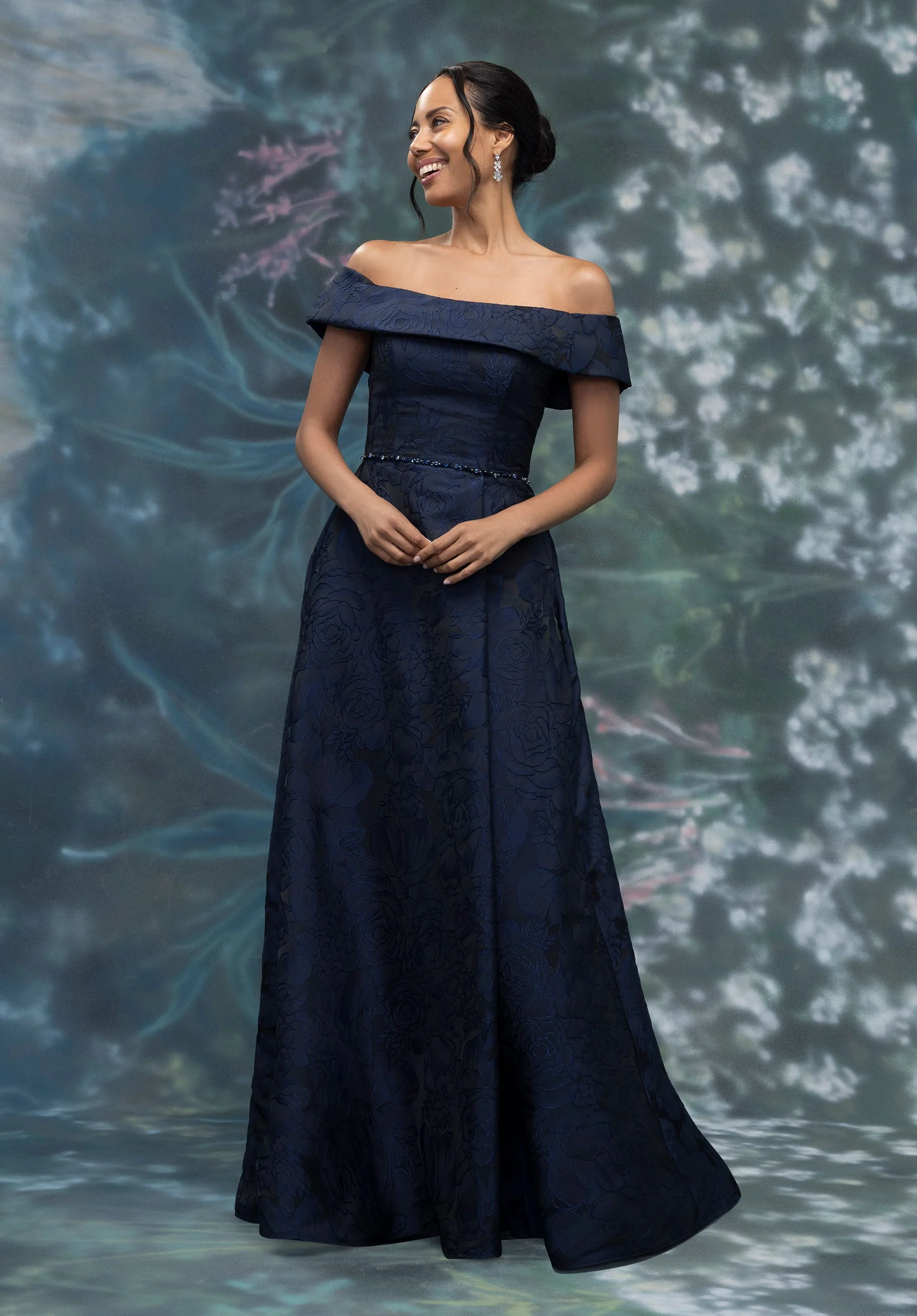 Strapless Fold Over Neckline Floral Brocade Evening Gown - Image 3