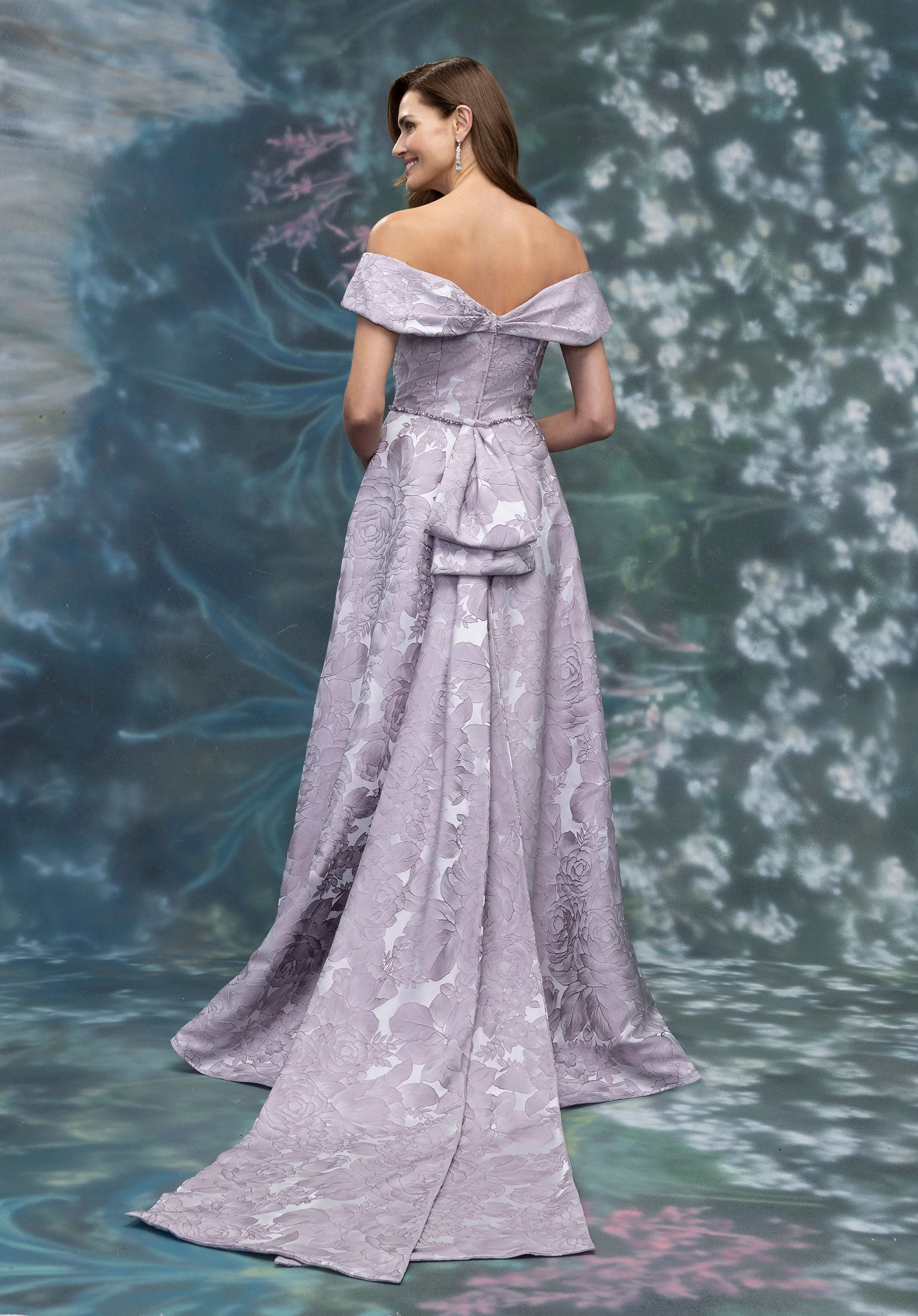 Strapless Fold Over Neckline Floral Brocade Evening Gown - Image 4
