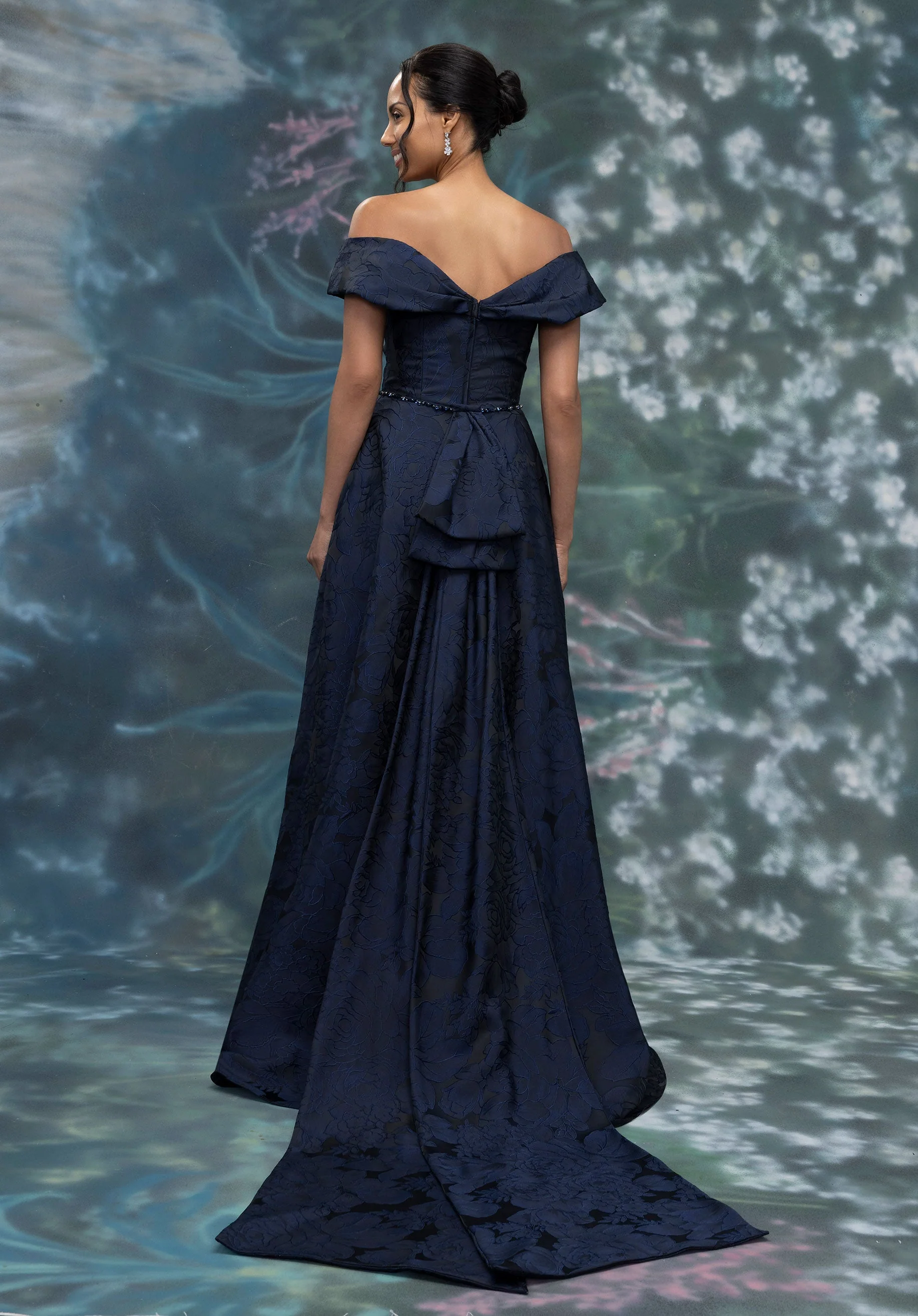 Strapless Fold Over Neckline Floral Brocade Evening Gown - Image 5
