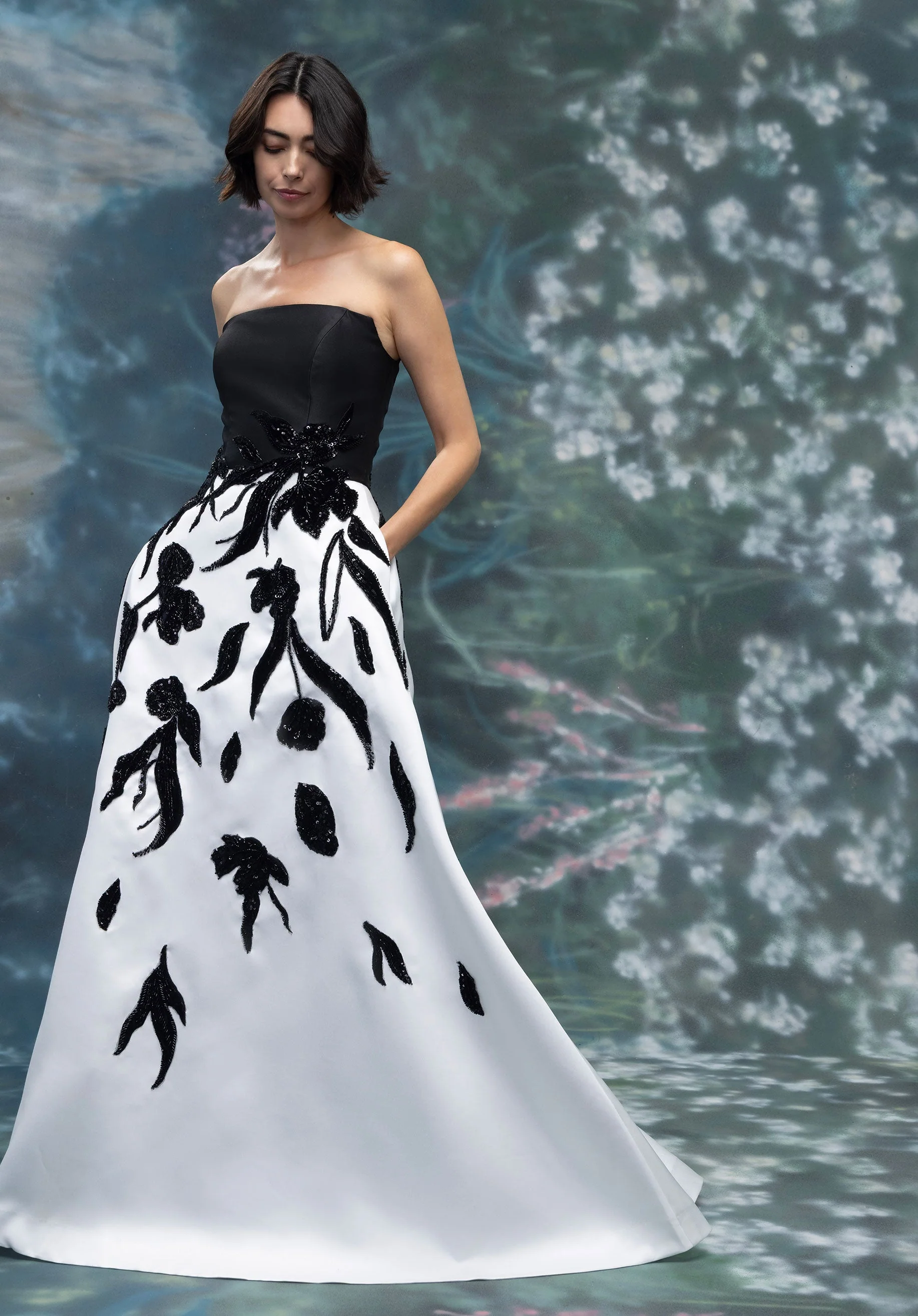 Strapless Mikado Evening Gown with Beaded Floral Appliqué - Image 3