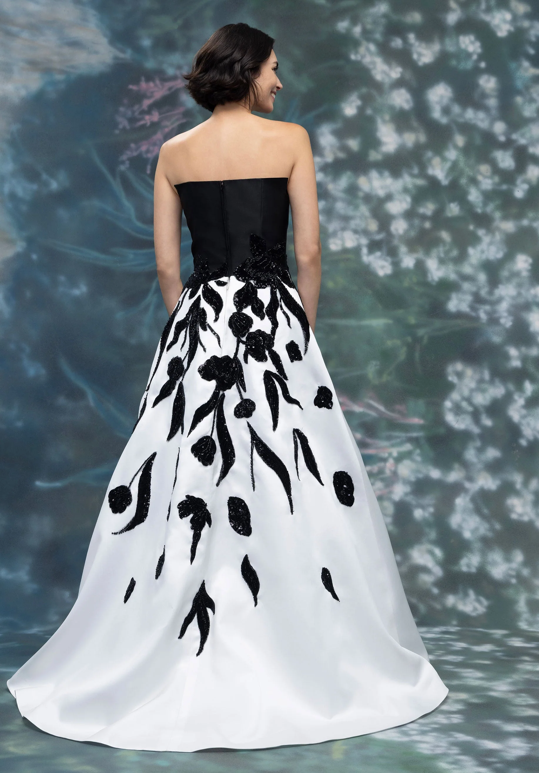 Strapless Mikado Evening Gown with Beaded Floral Appliqué - Image 5