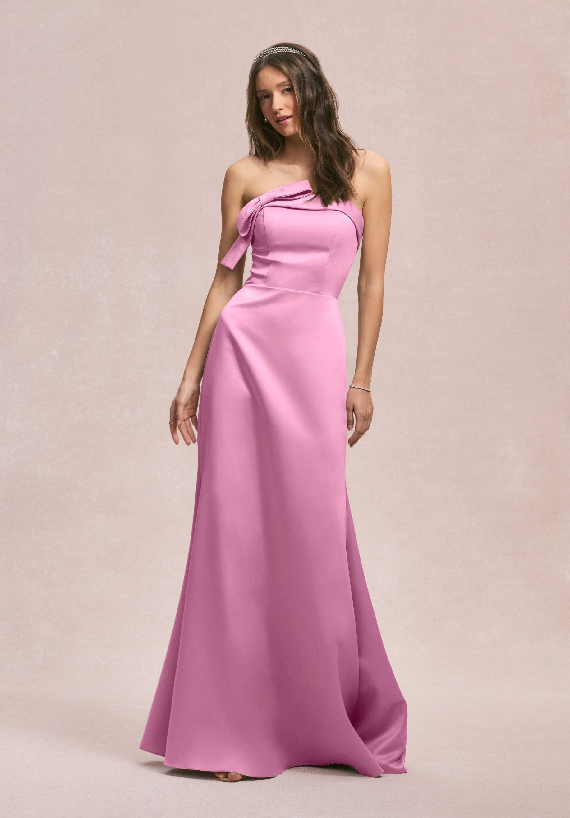 Strapless Satin Bridesmaid Dress with Bow - Image 11