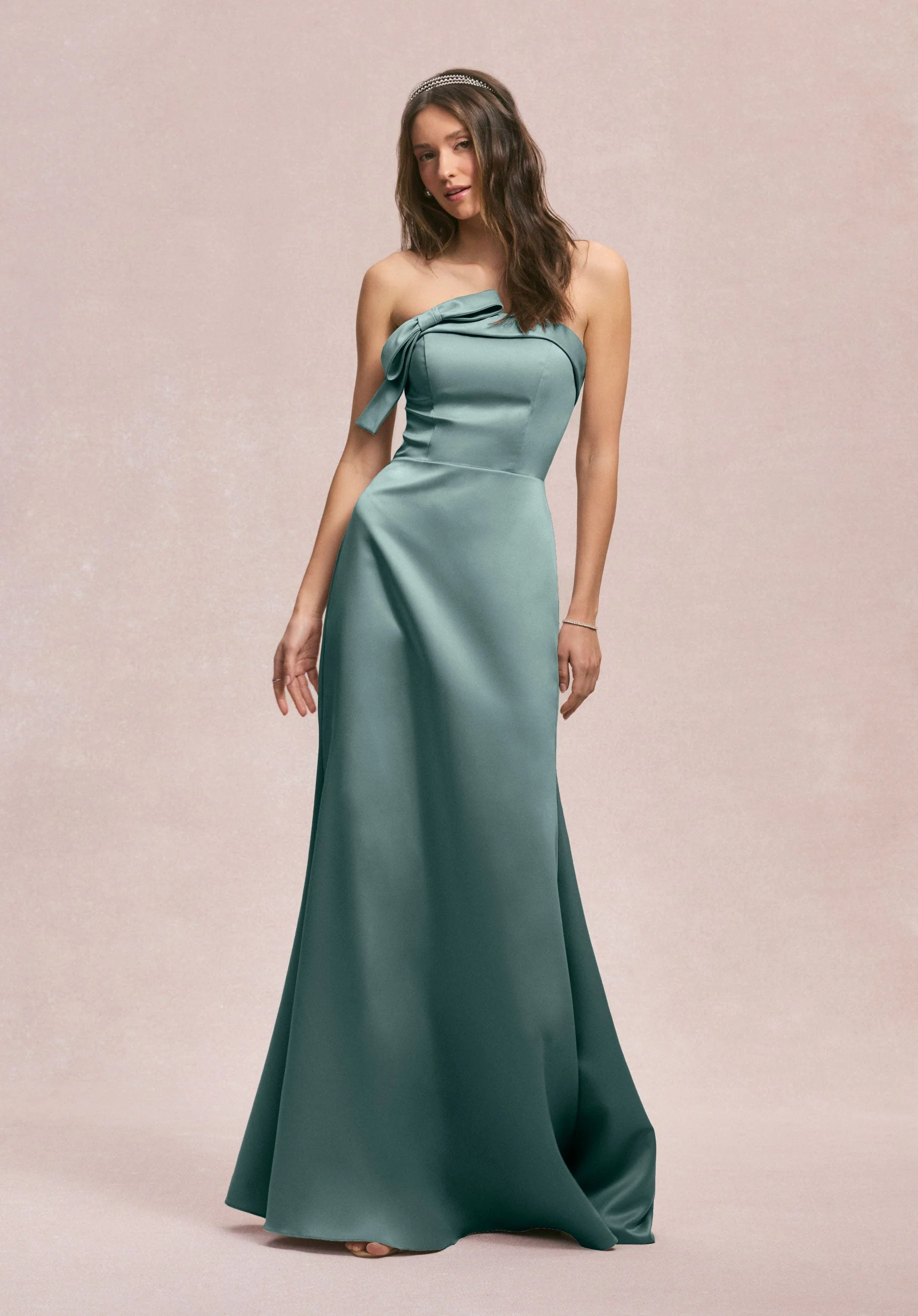 Strapless Satin Bridesmaid Dress with Bow - Image 23
