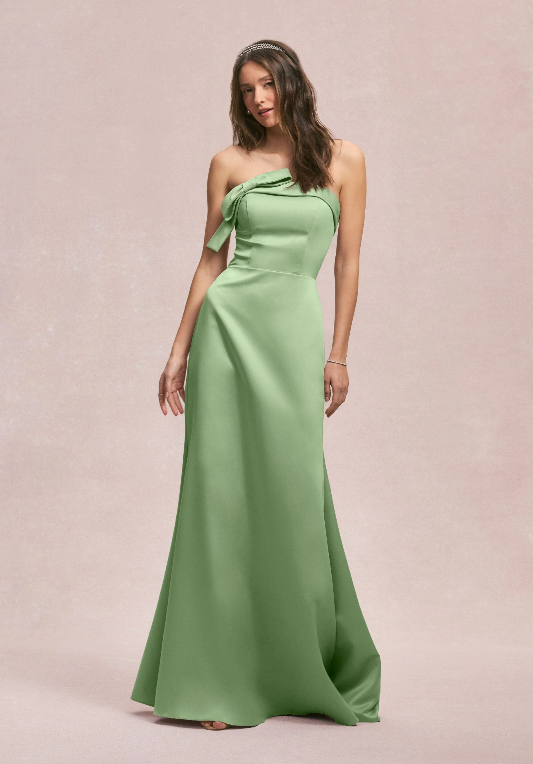 Strapless Satin Bridesmaid Dress with Bow - Image 45