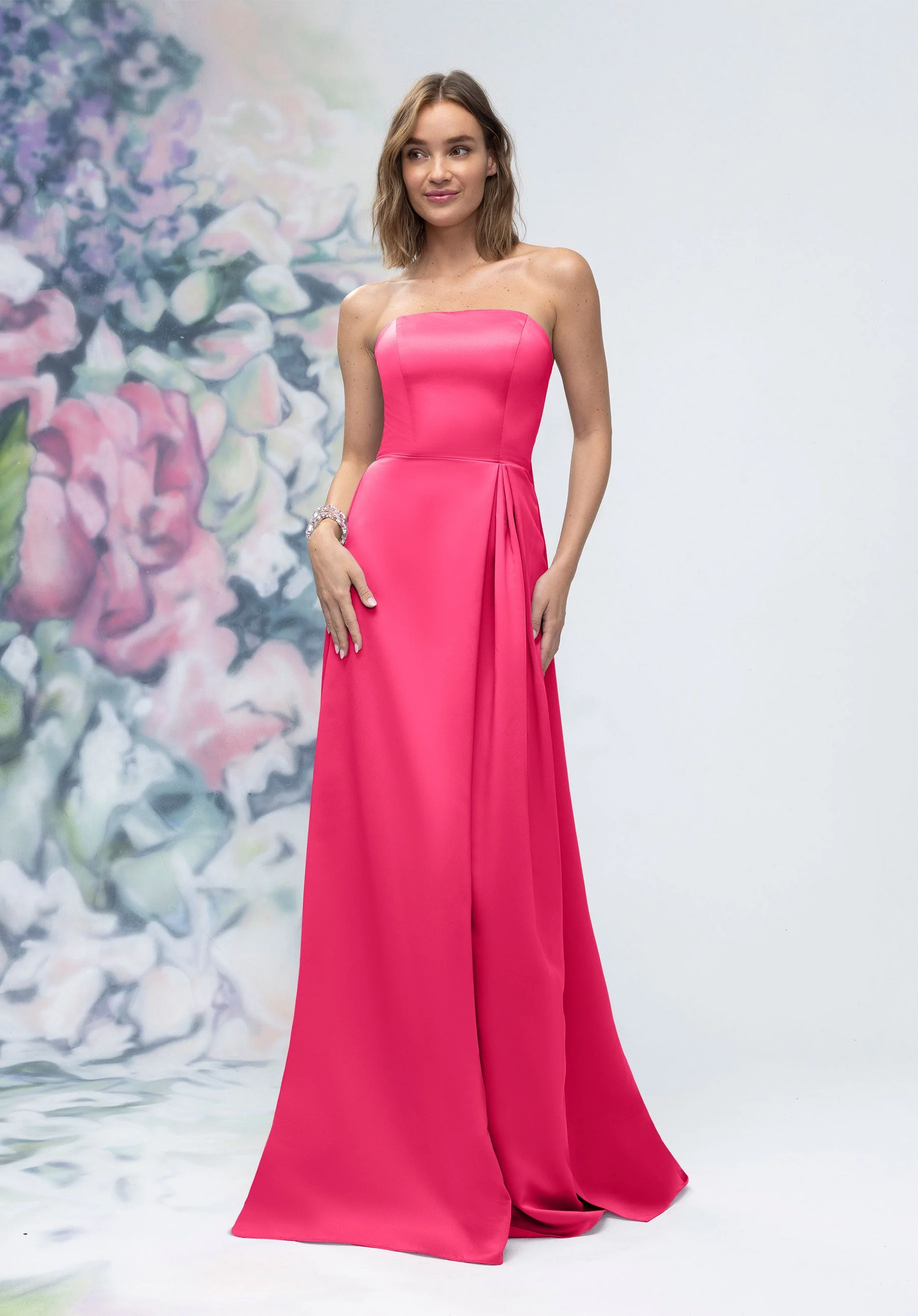Strapless Straight Neck Satin Bridesmaid Dress with Detachable Watteau Back - Image 10