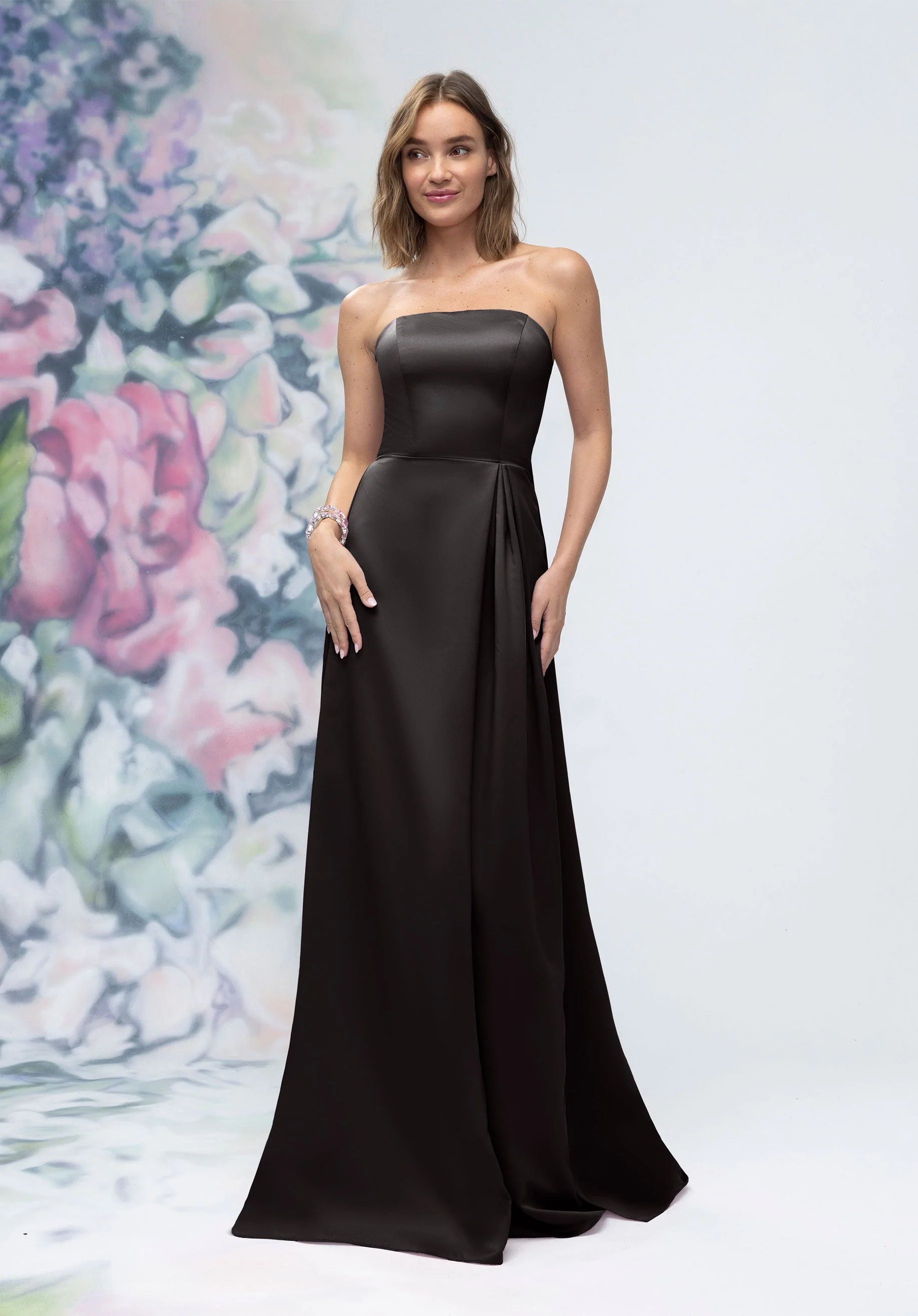 Strapless Straight Neck Satin Bridesmaid Dress with Detachable Watteau Back - Image 11