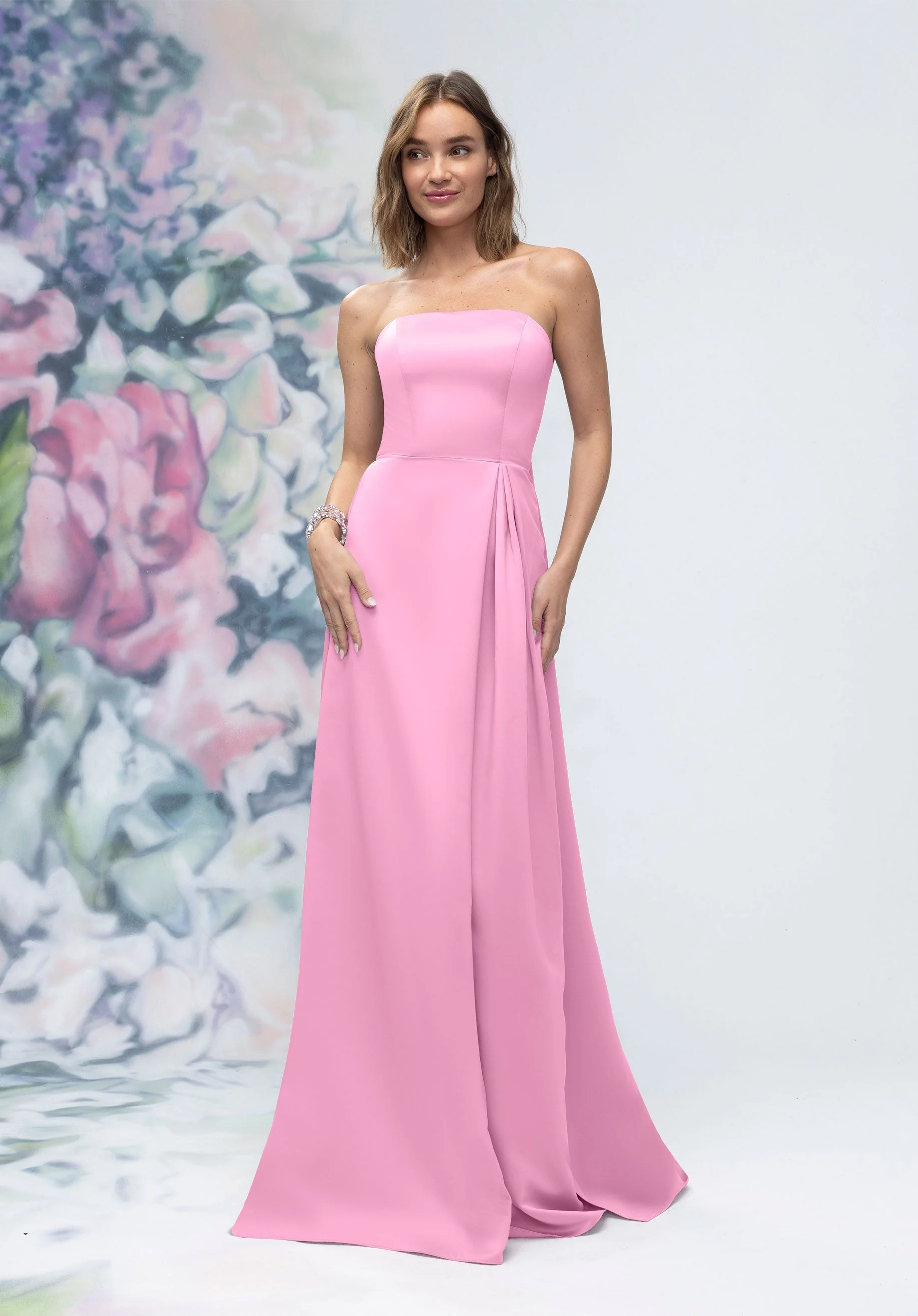 Strapless Straight Neck Satin Bridesmaid Dress with Detachable Watteau Back - Image 12