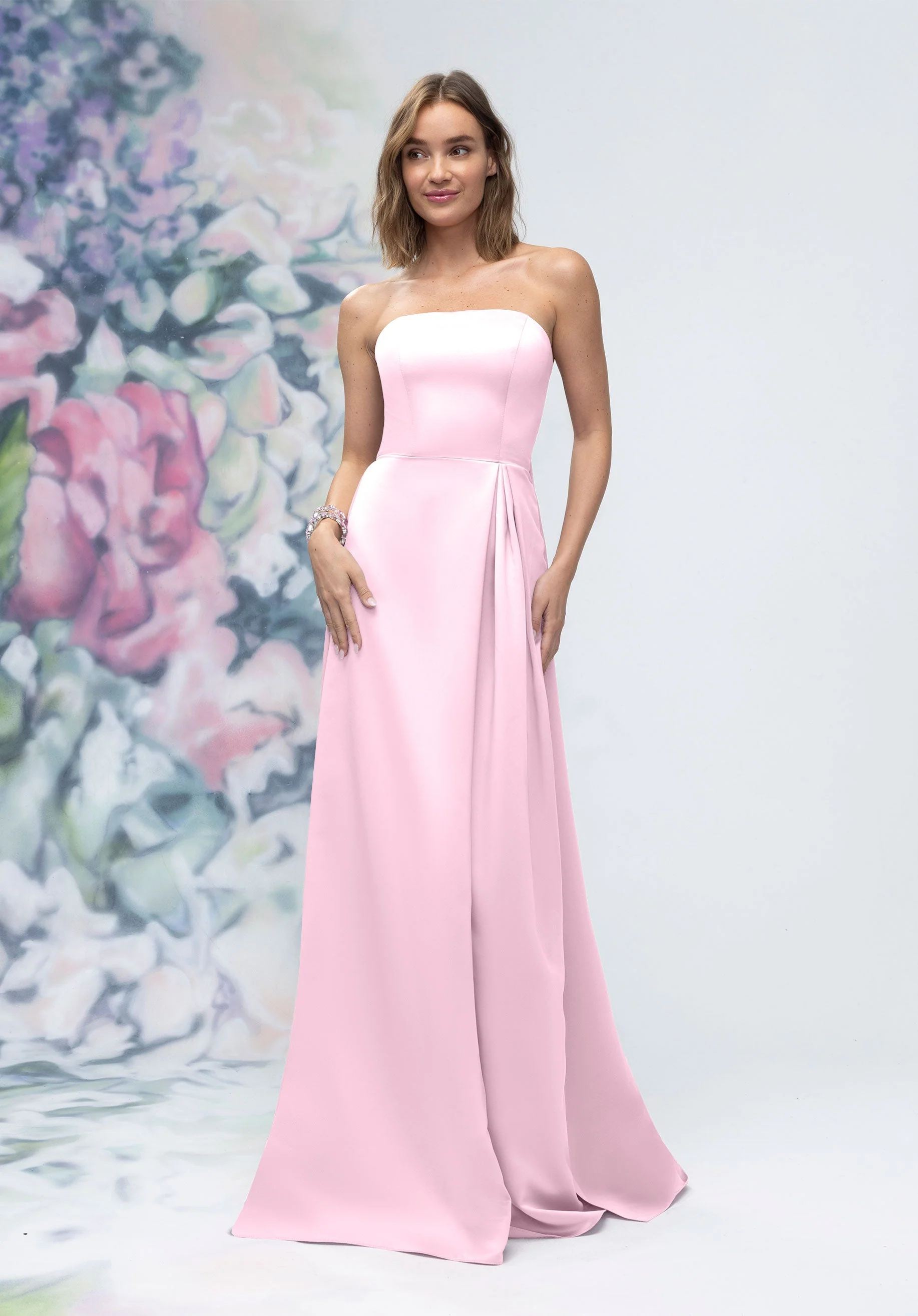 Strapless Straight Neck Satin Bridesmaid Dress with Detachable Watteau Back - Image 13