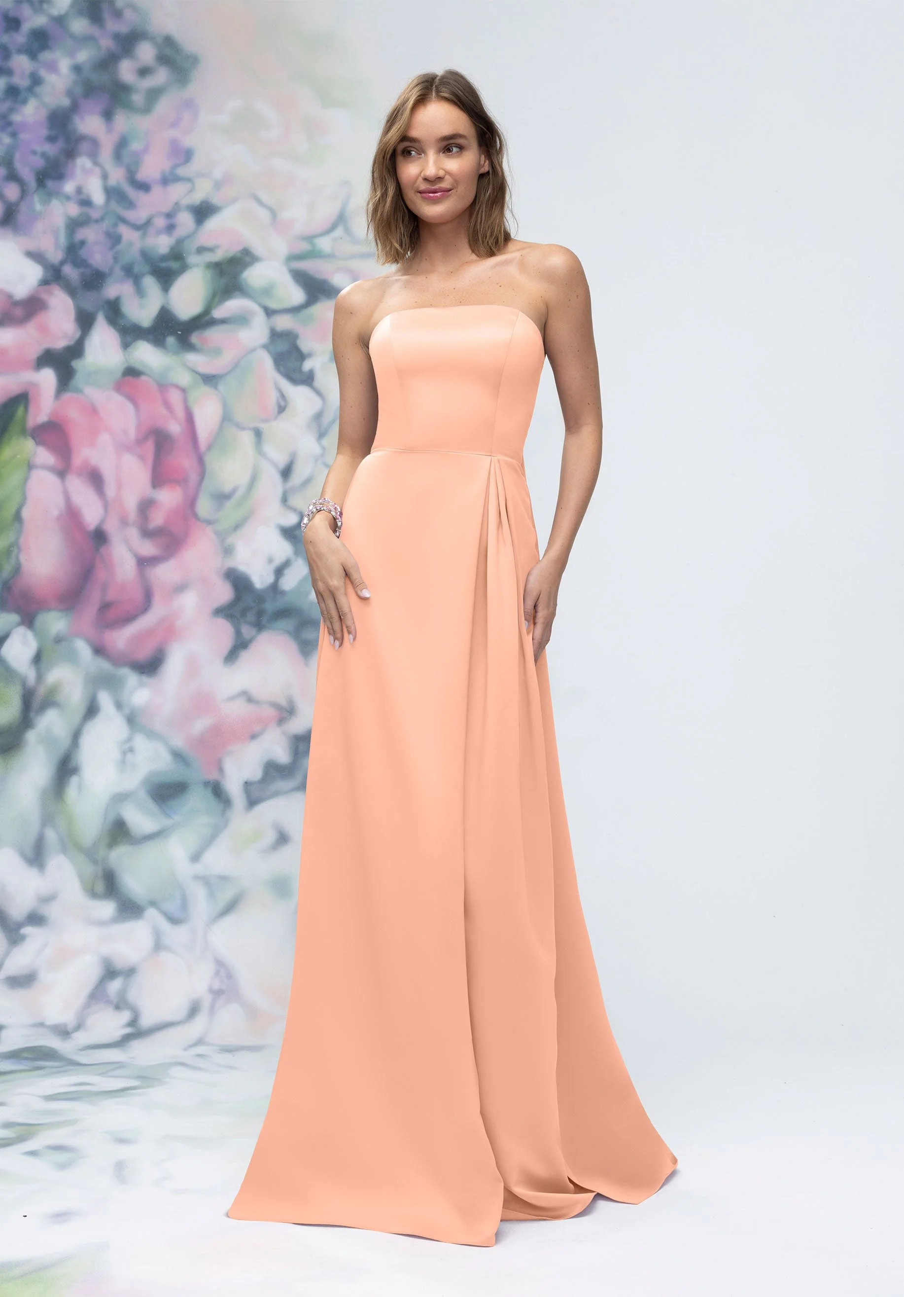 Strapless Straight Neck Satin Bridesmaid Dress with Detachable Watteau Back - Image 14