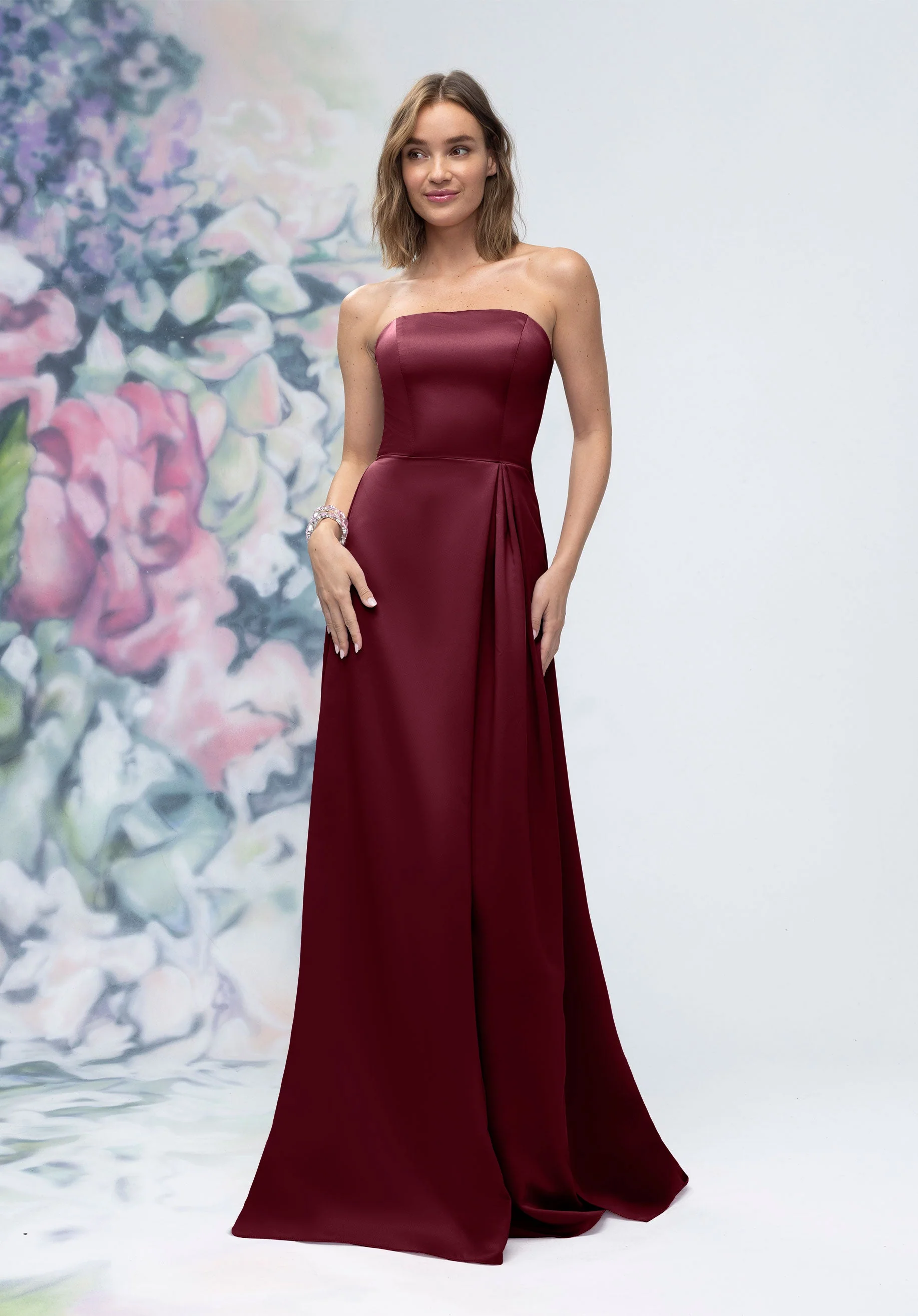 Strapless Straight Neck Satin Bridesmaid Dress with Detachable Watteau Back - Image 15
