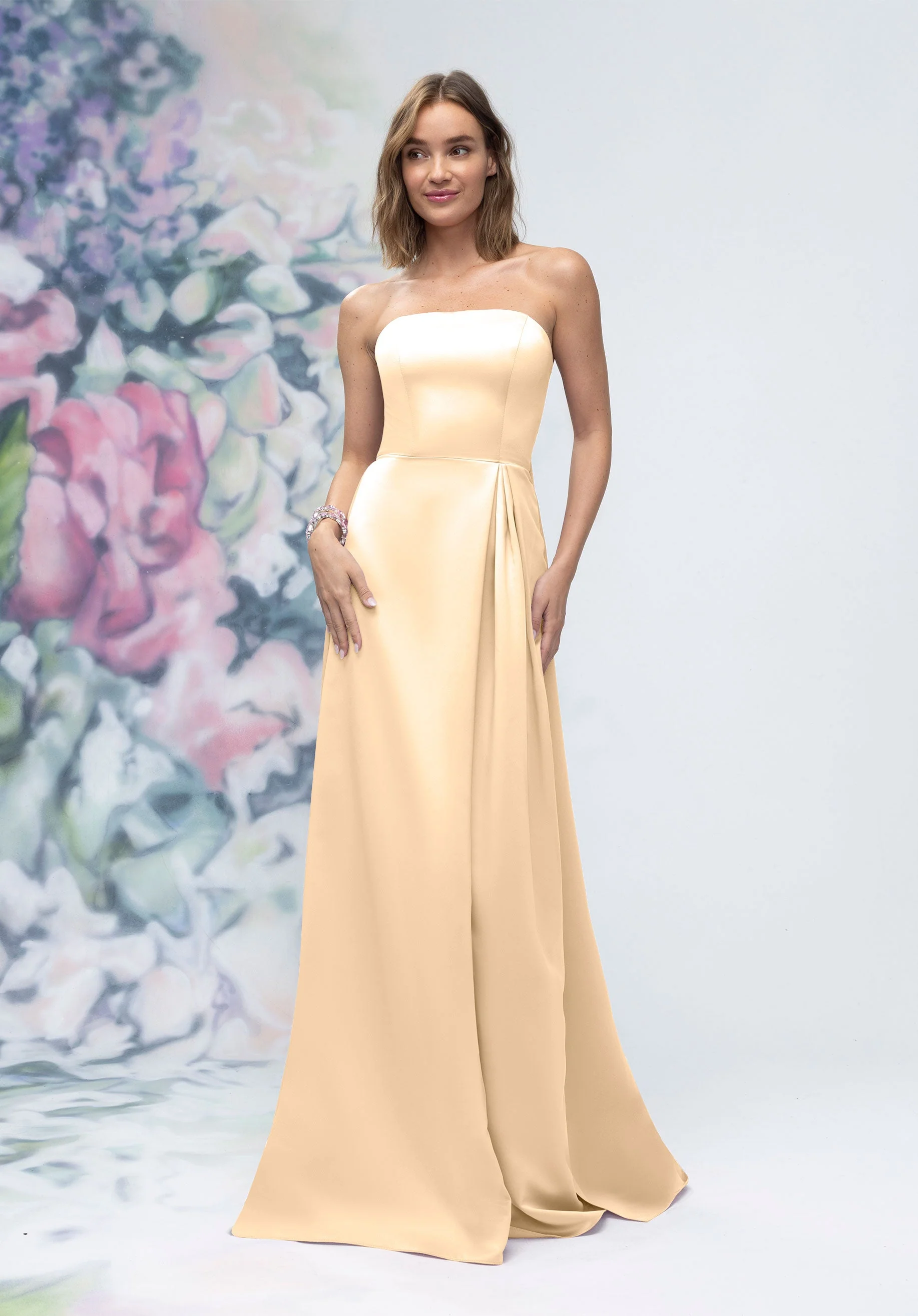 Strapless Straight Neck Satin Bridesmaid Dress with Detachable Watteau Back - Image 16