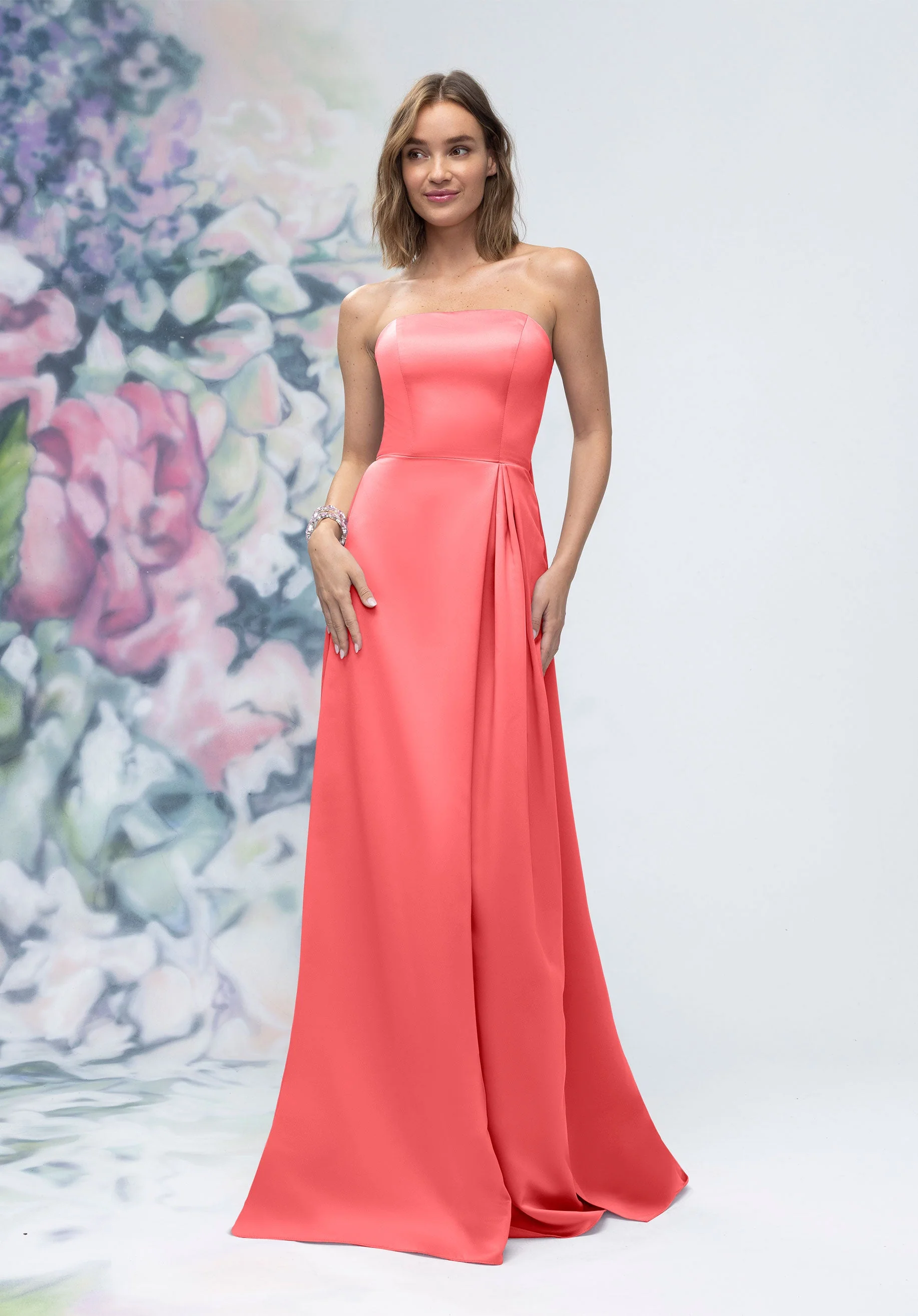 Strapless Straight Neck Satin Bridesmaid Dress with Detachable Watteau Back - Image 18