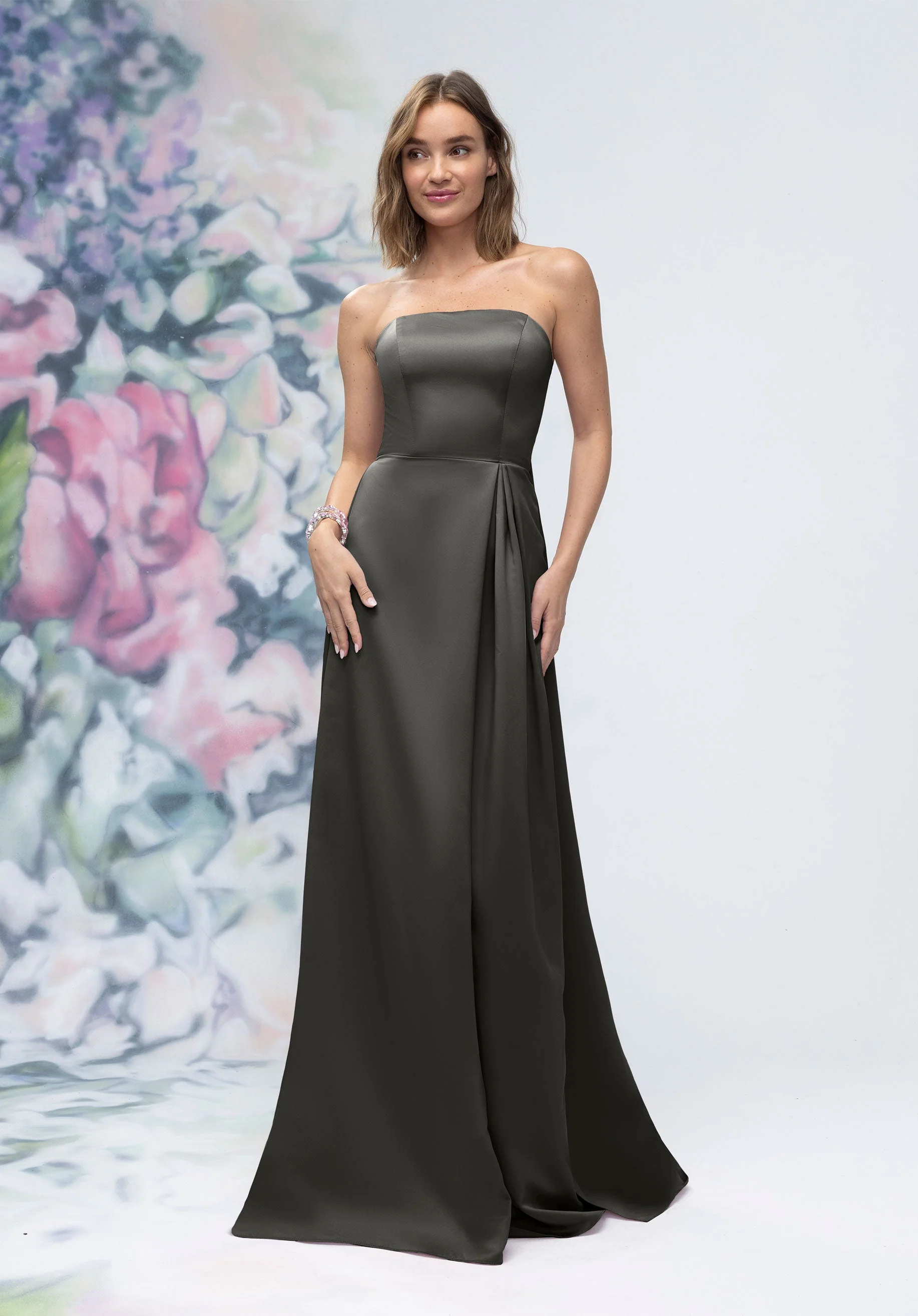 Strapless Straight Neck Satin Bridesmaid Dress with Detachable Watteau Back - Image 20