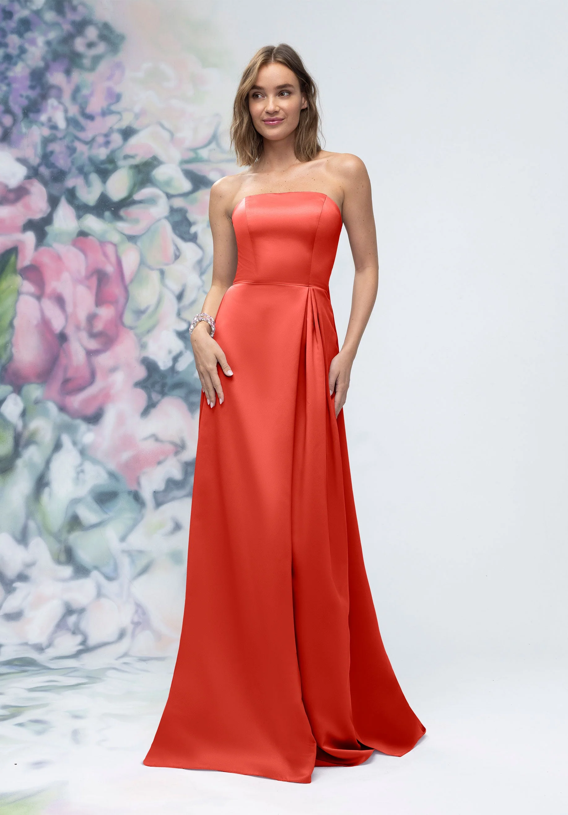 Strapless Straight Neck Satin Bridesmaid Dress with Detachable Watteau Back - Image 21