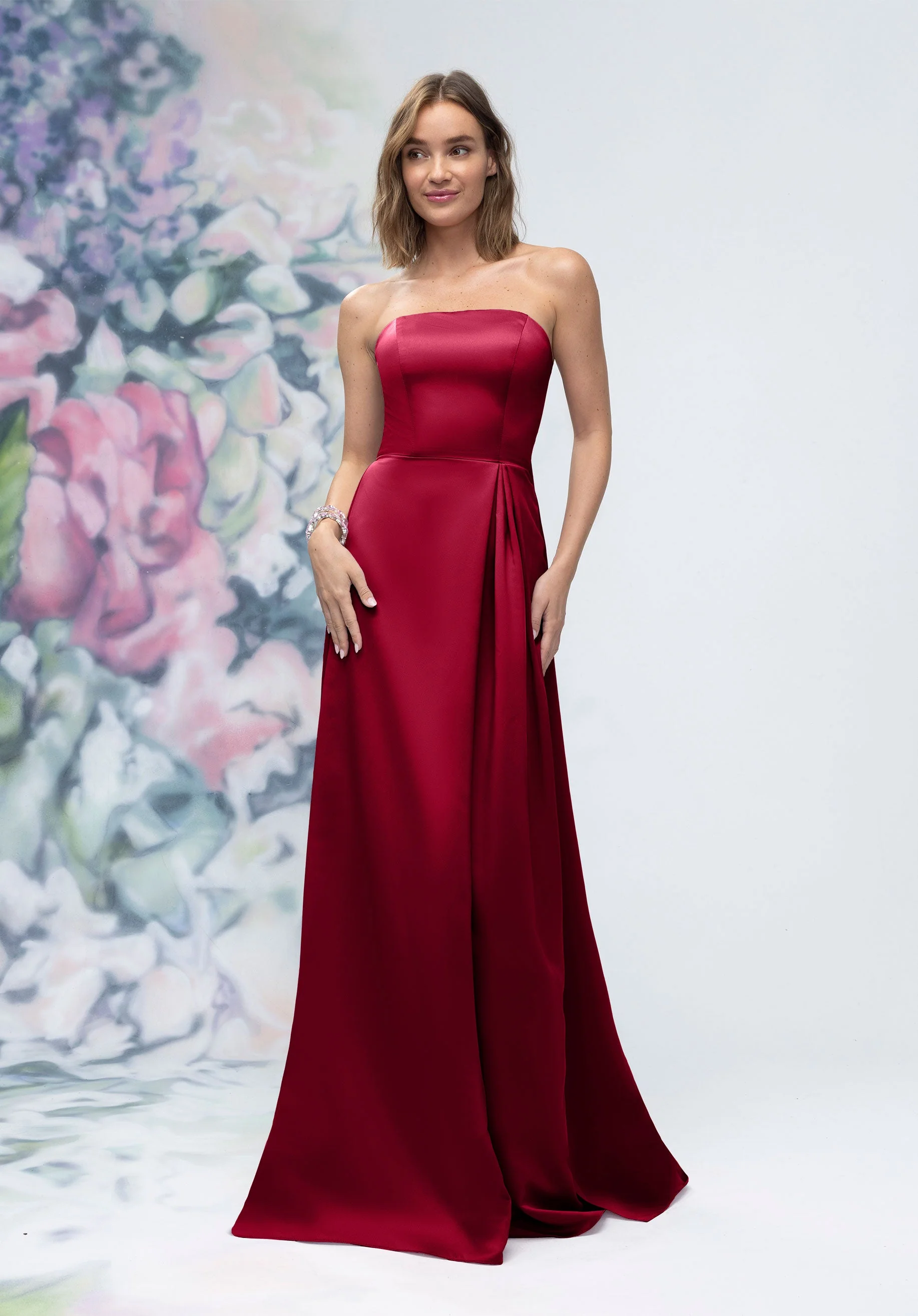 Strapless Straight Neck Satin Bridesmaid Dress with Detachable Watteau Back - Image 22