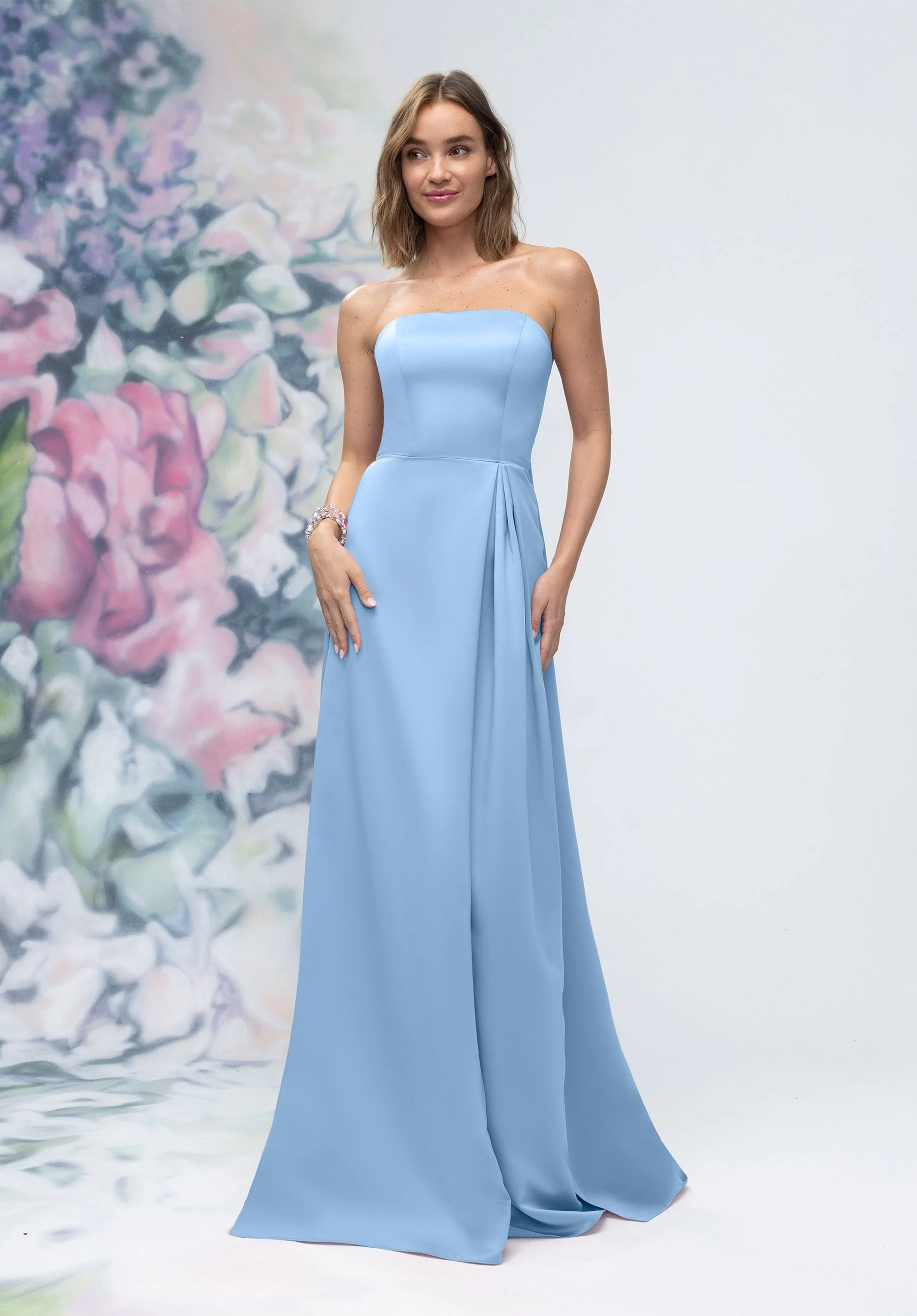Strapless Straight Neck Satin Bridesmaid Dress with Detachable Watteau Back - Image 23