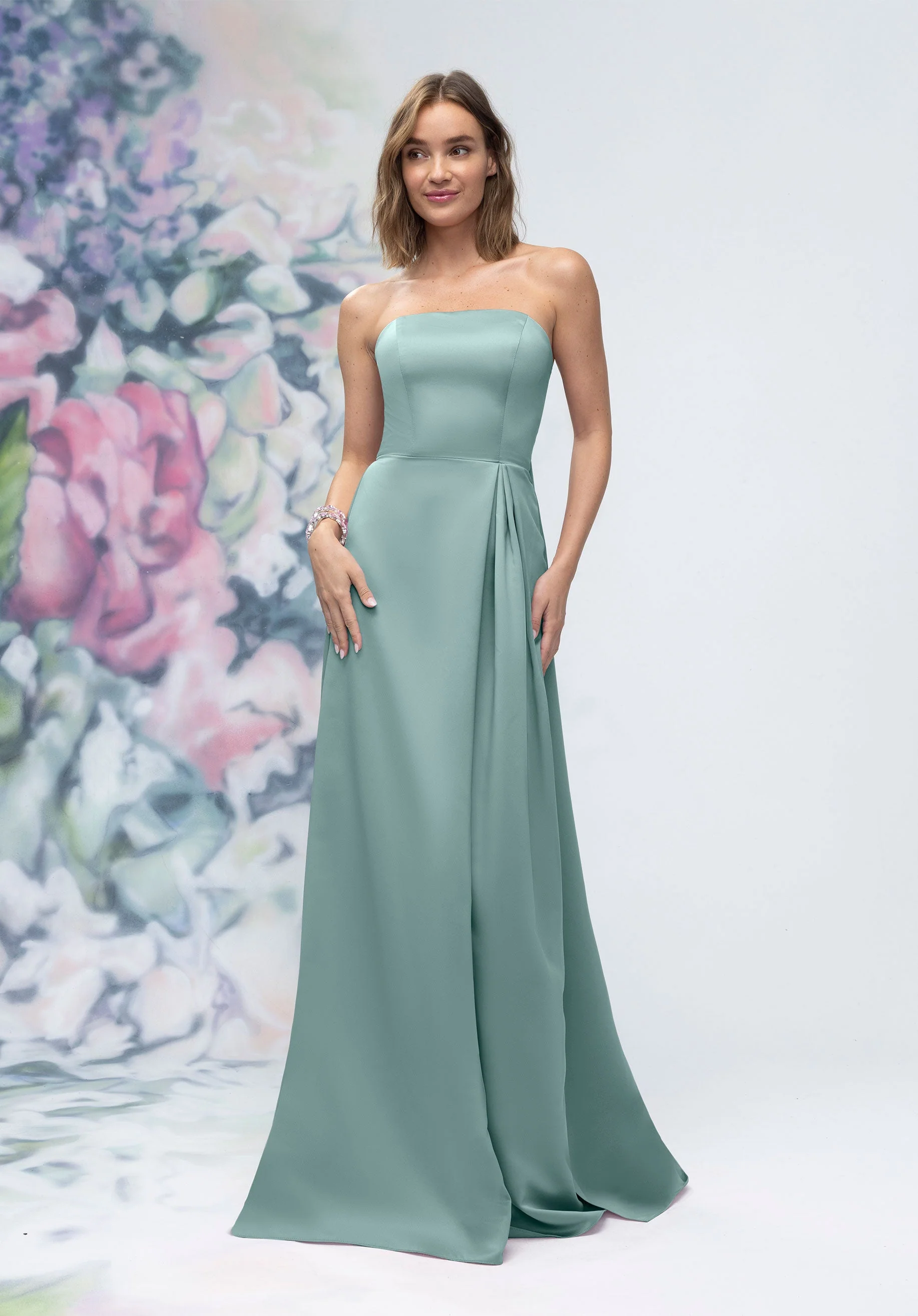 Strapless Straight Neck Satin Bridesmaid Dress with Detachable Watteau Back - Image 24