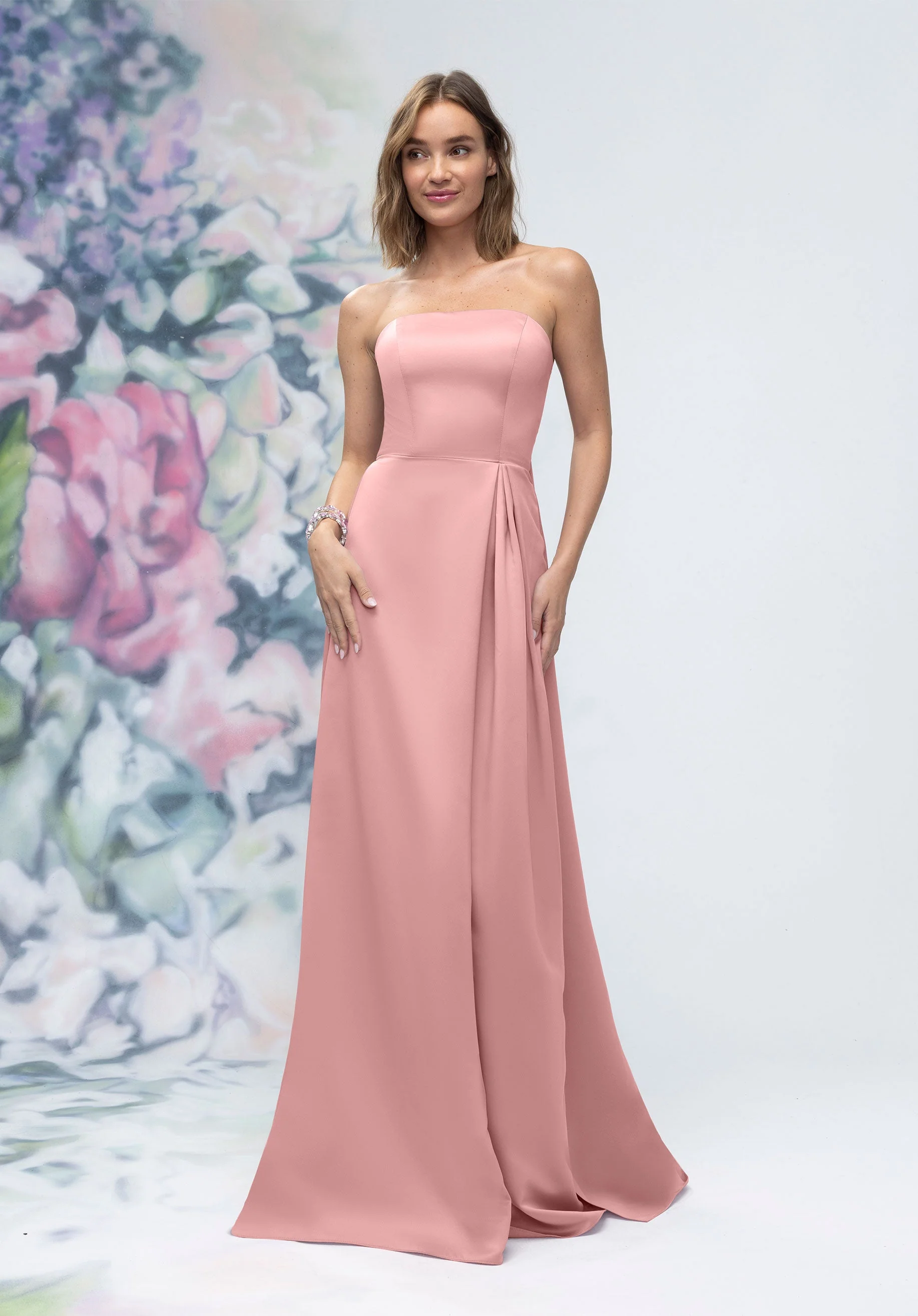 Strapless Straight Neck Satin Bridesmaid Dress with Detachable Watteau Back - Image 25