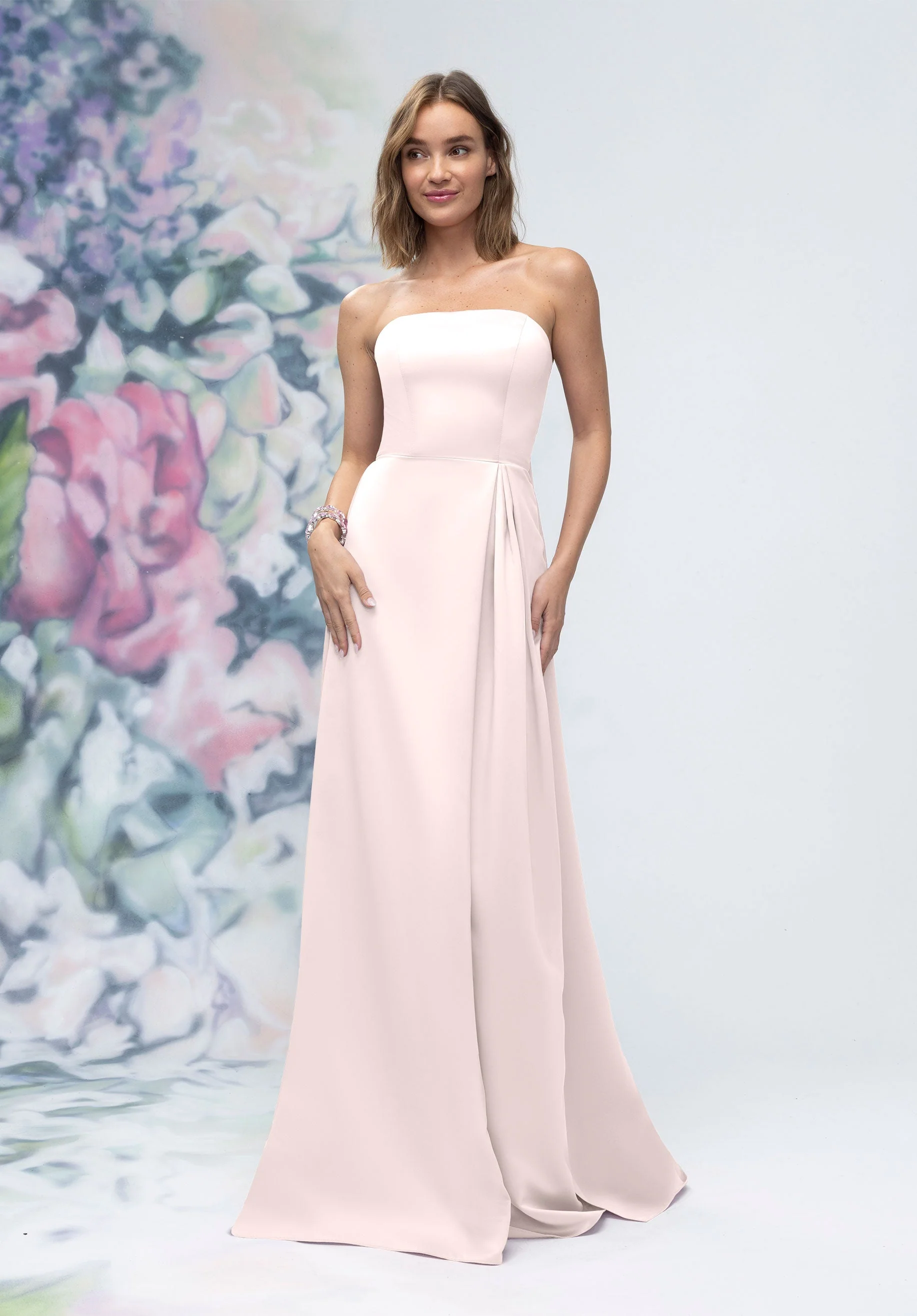 Strapless Straight Neck Satin Bridesmaid Dress with Detachable Watteau Back - Image 26