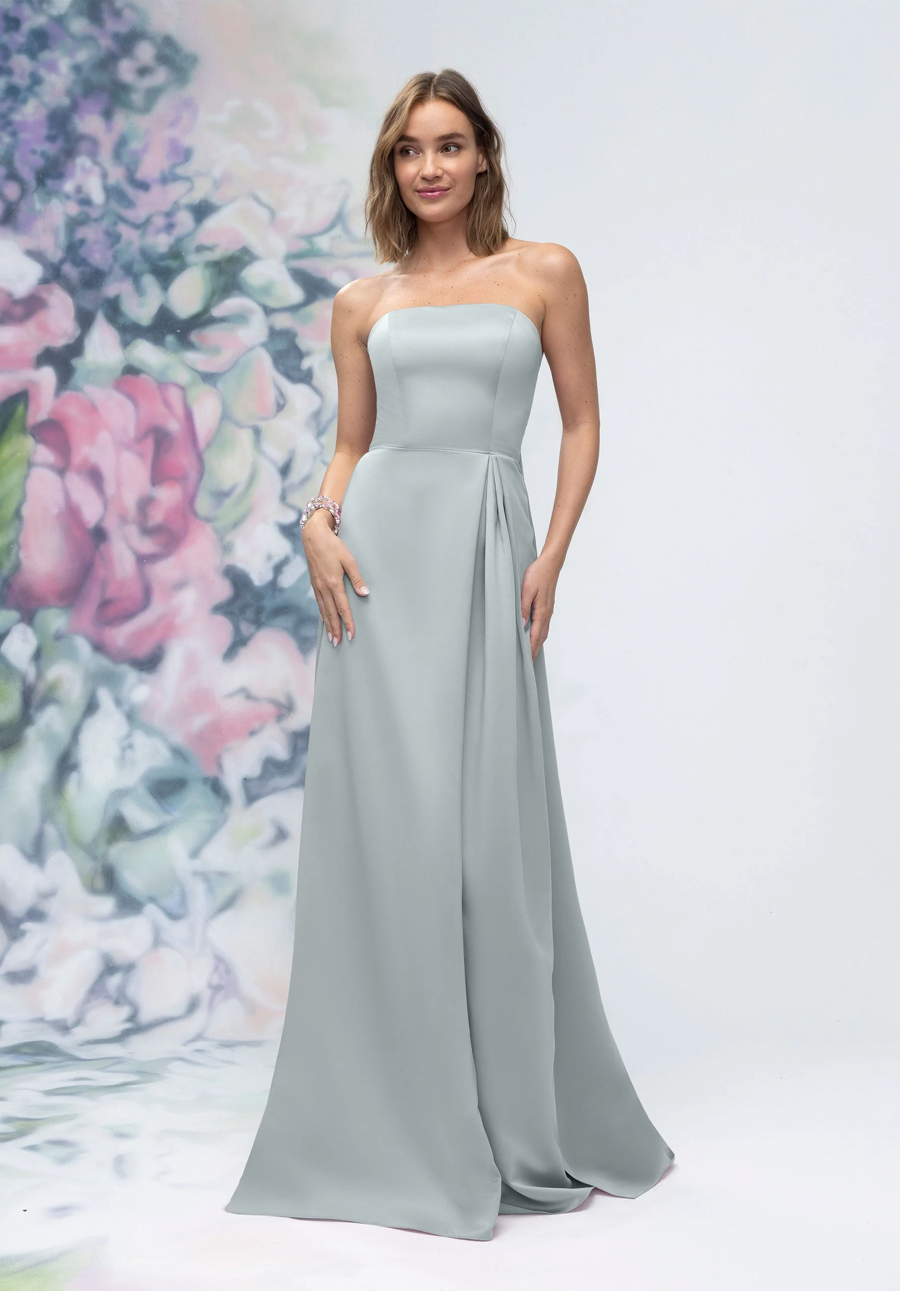 Strapless Straight Neck Satin Bridesmaid Dress with Detachable Watteau Back - Image 27